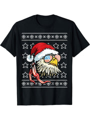 Ugly Christmas Sweater USA Flag Bald Eagle Christmas T-Shirt 180G 100% Cotton Printed Round Neck Short-Sleeve T-Shirt, Gifts for Men Dad Husband Grandpa, S-XXXL, Black