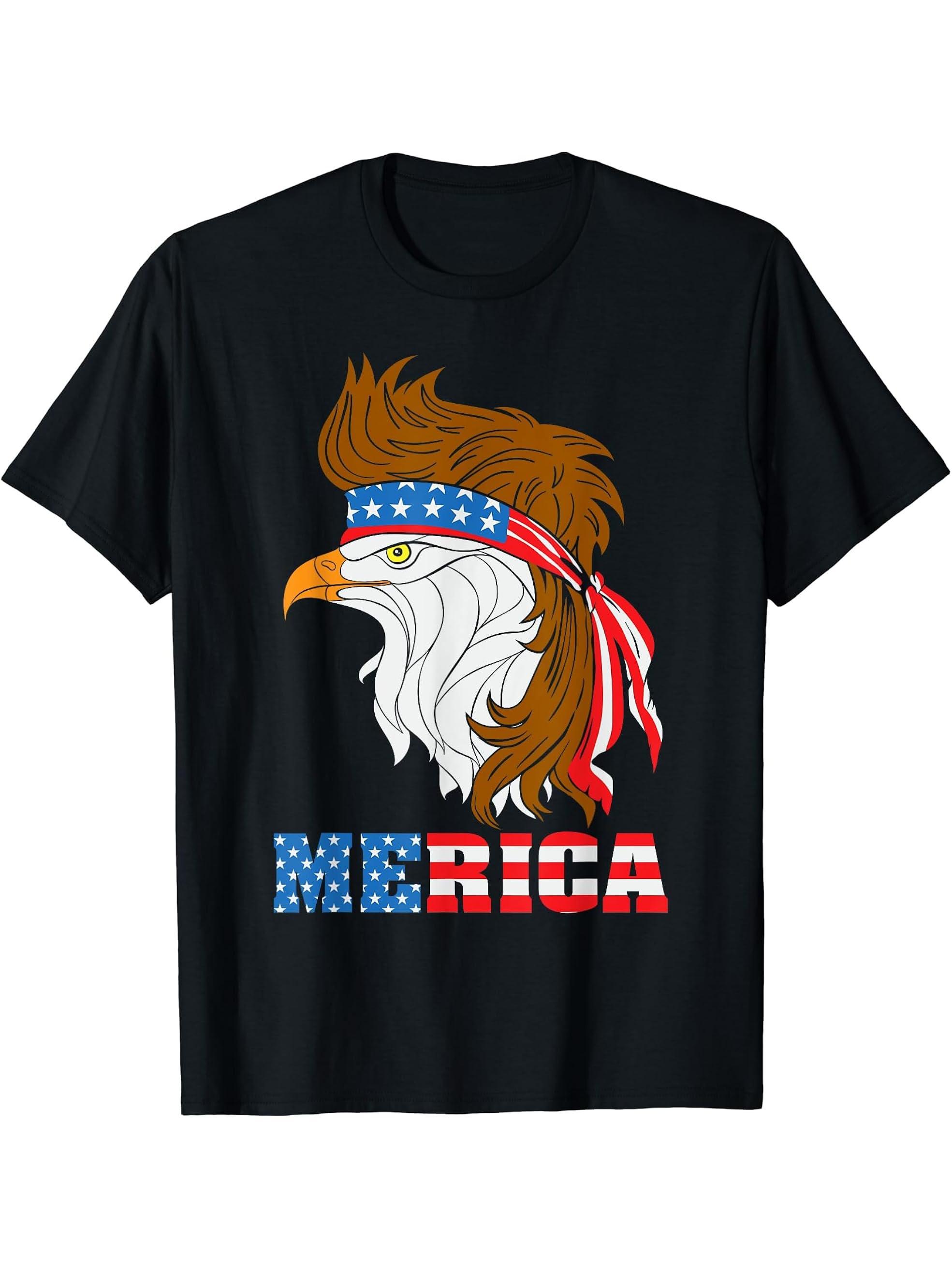 Mullet American Bald Eagle - US South States Hairdress T-Shirt 180G 100% Cotton Printed Round Neck Short-Sleeve T-Shirt, Gifts for Men Dad Husband Grandpa, S-XXXL, Black
