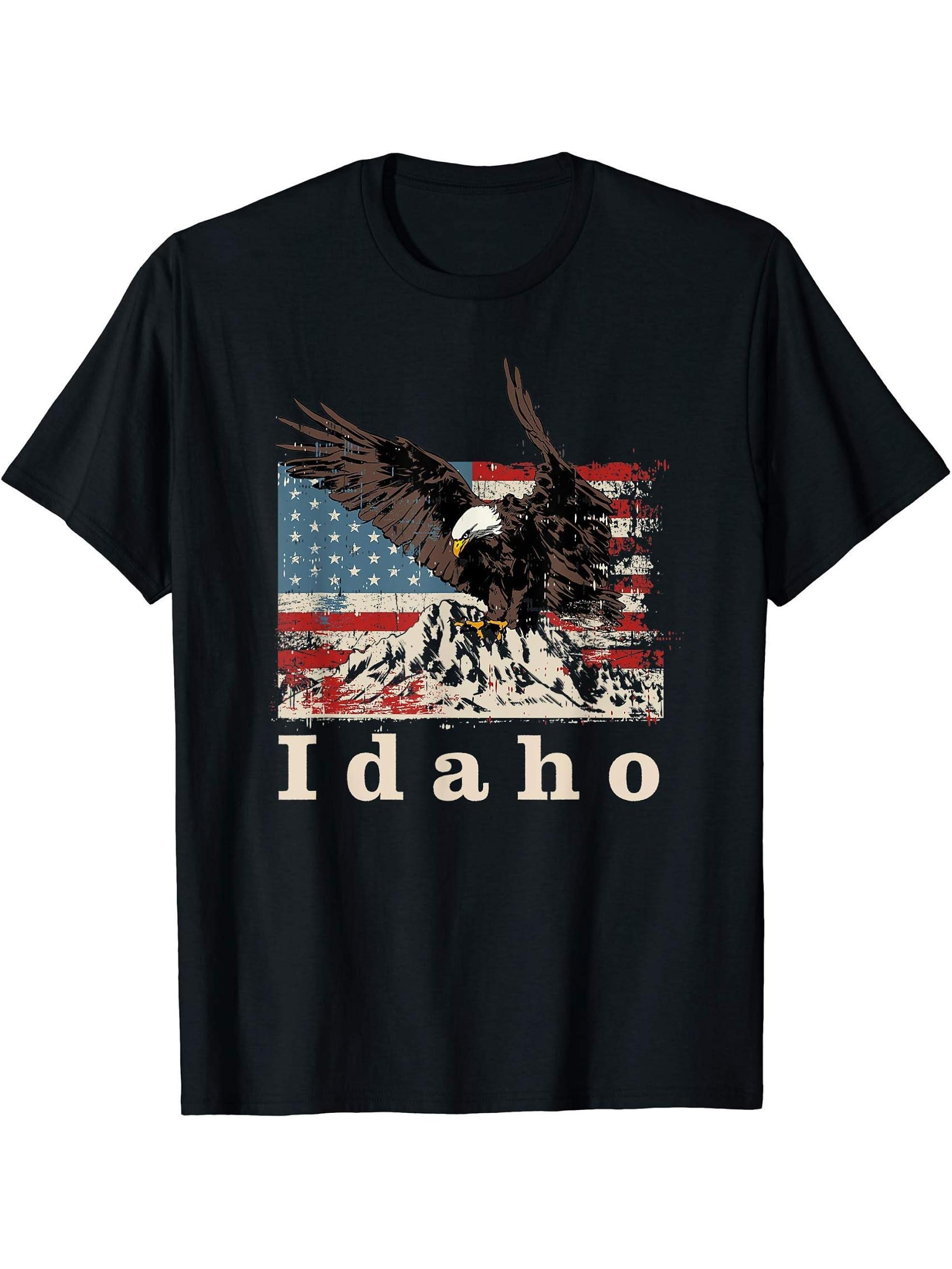 American Bald Eagle Flag Idaho Souvenir T-Shirt 180G 100% Cotton Printed Round Neck Short-Sleeve T-Shirt, Gifts for Men Dad Husband Grandpa, S-XXXL, Black