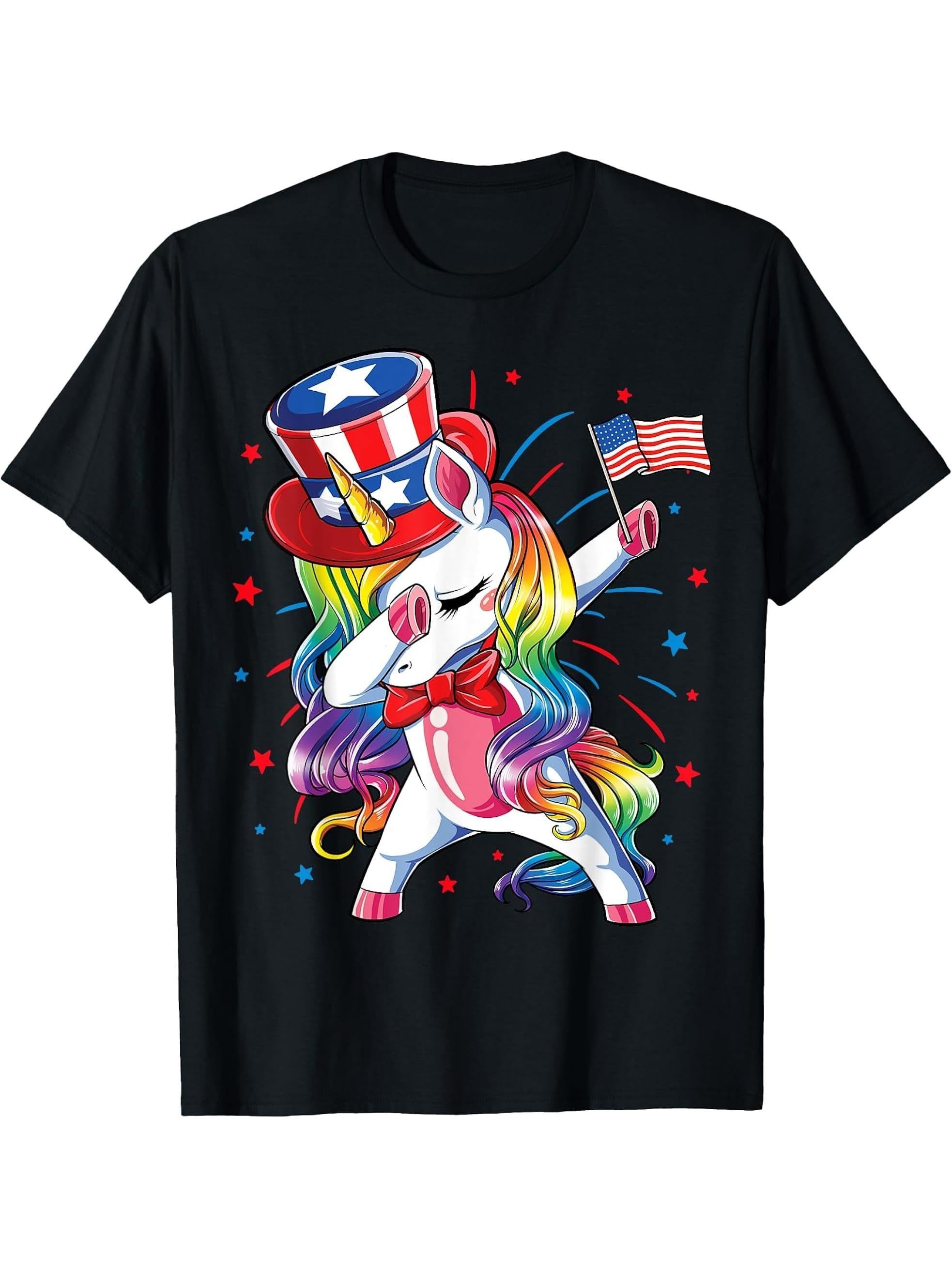 Dabbing Unicorn 4 July Uncle Sam Girls American T-Shirt 180G 100% Cotton Printed Round Neck Short-Sleeve T-Shirt, Gifts for Men Dad Husband Grandpa, S-XXXL, Black