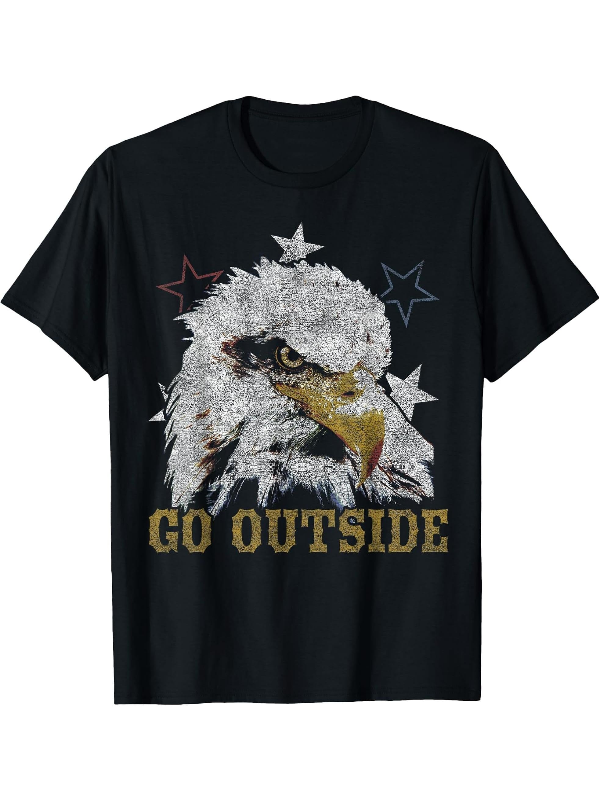 Go Outside Bald Eagle Head T-Shirt 180G 100% Cotton Printed Round Neck Short-Sleeve T-Shirt, Gifts for Men Dad Husband Grandpa, S-XXXL, Black