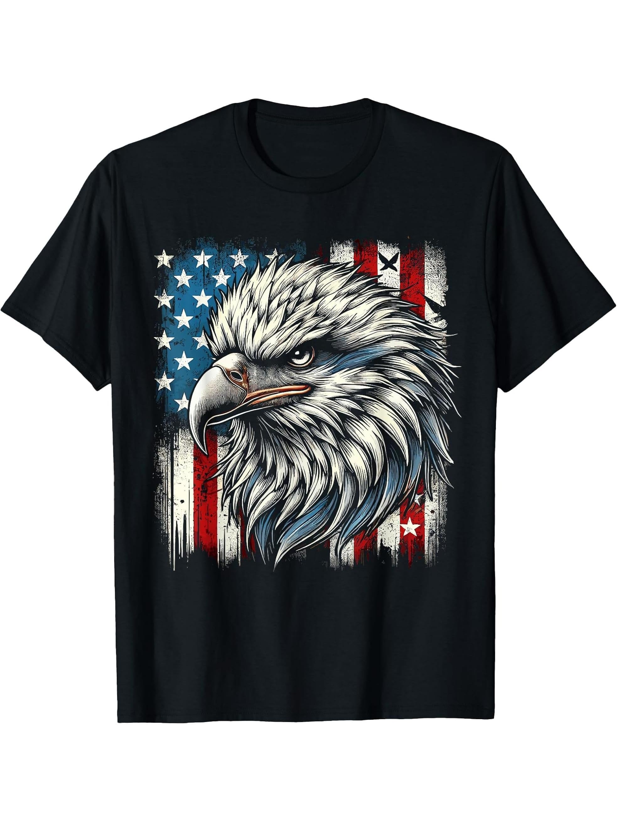 Bald Eagle US American Flag T-Shirt 180G 100% Cotton Printed Round Neck Short-Sleeve T-Shirt, Gifts for Men Dad Husband Grandpa, S-XXXL, Black
