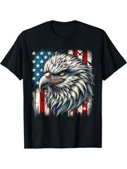 Bald Eagle US American Flag T-Shirt 180G 100% Cotton Printed Round Neck Short-Sleeve T-Shirt, Gifts for Men Dad Husband Grandpa, S-XXXL, Black
