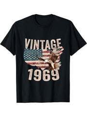Vintage 1969 Bald Eagle American Flag Country T-Shirt 180G 100% Cotton Printed Round Neck Short-Sleeve T-Shirt, Gifts for Men Dad Husband Grandpa, S-XXXL, Black
