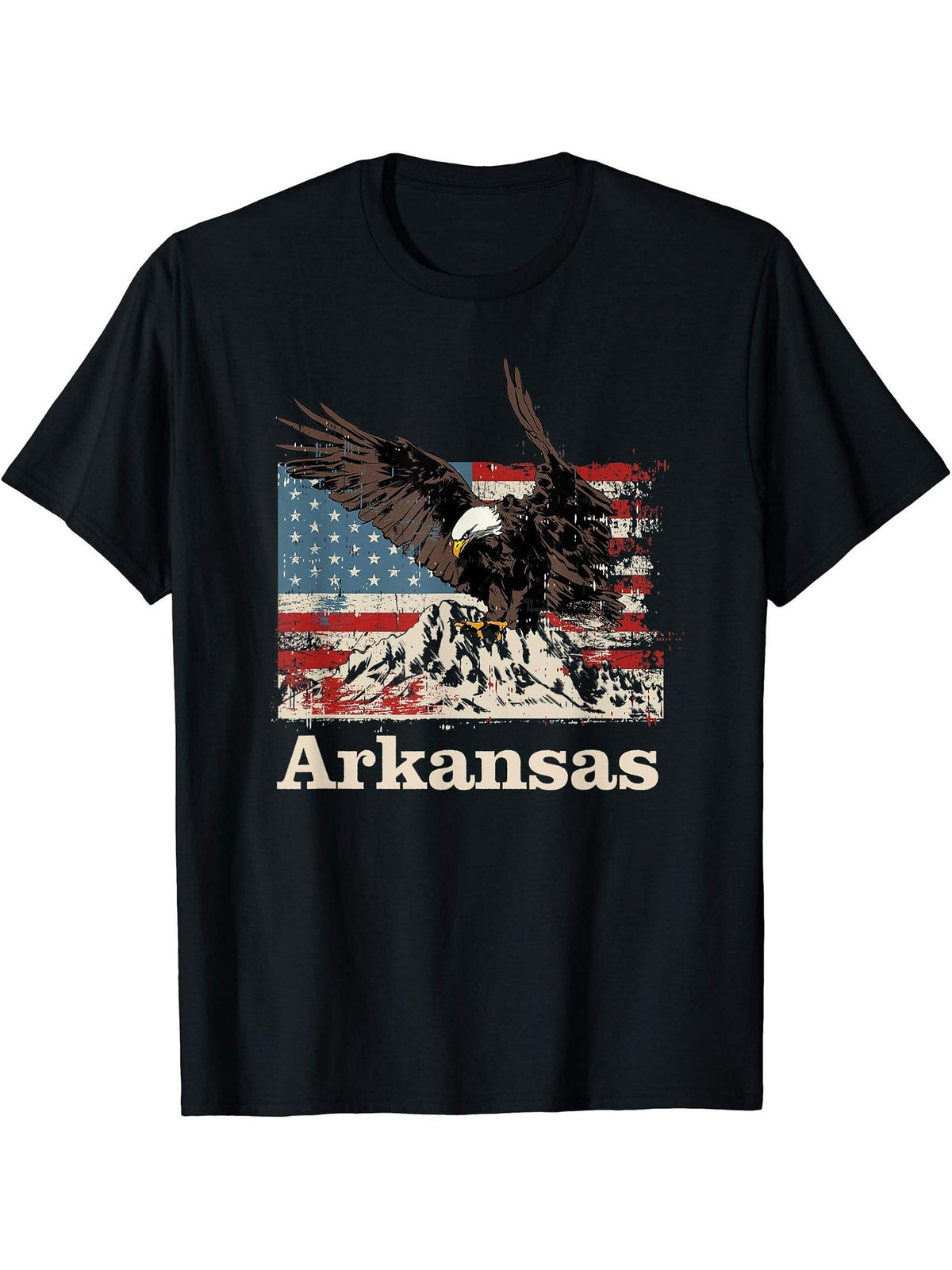 American Bald Eagle Flag Arkansas Souvenir T-Shirt 180G 100% Cotton Printed Round Neck Short-Sleeve T-Shirt, Gifts for Men Dad Husband Grandpa, S-XXXL, Black