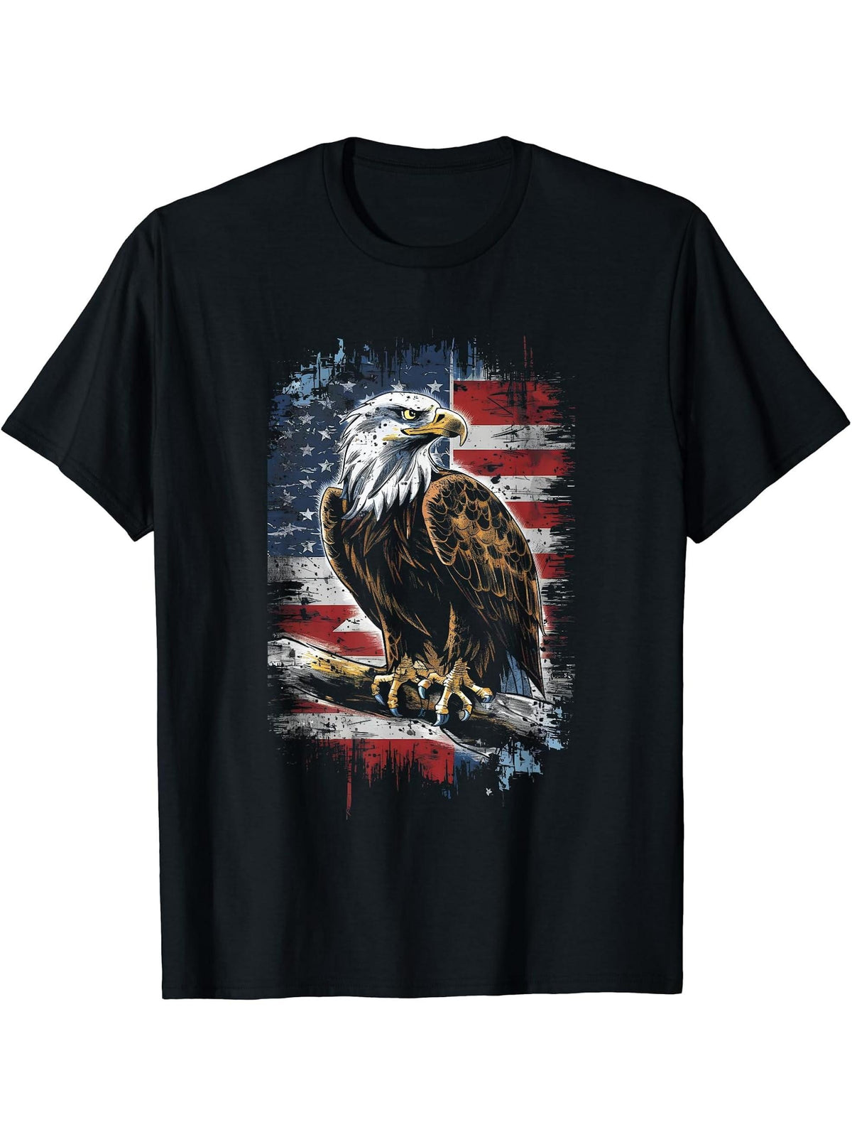 Patriotic Grunge 4th of July T-Shirt 180G 100% Cotton Printed Round Neck Short-Sleeve T-Shirt, Gifts for Men Dad Husband Grandpa, S-XXXL, Black