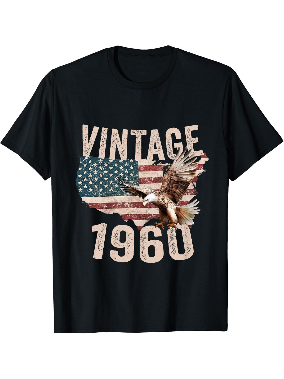 Vintage 1960 Bald Eagle American Flag Country T-Shirt 180G 100% Cotton Printed Round Neck Short-Sleeve T-Shirt, Gifts for Men Dad Husband Grandpa, S-XXXL, Black