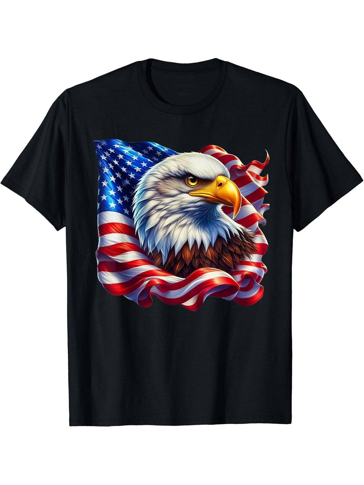 Freedom's Wings: Majestic Bald Eagle & American Flag Emblem T-Shirt 180G 100% Cotton Printed Round Neck Short-Sleeve T-Shirt, Gifts for Men Dad Husband Grandpa, S-XXXL, Black