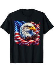 Freedom's Wings: Majestic Bald Eagle & American Flag Emblem T-Shirt 180G 100% Cotton Printed Round Neck Short-Sleeve T-Shirt, Gifts for Men Dad Husband Grandpa, S-XXXL, Black