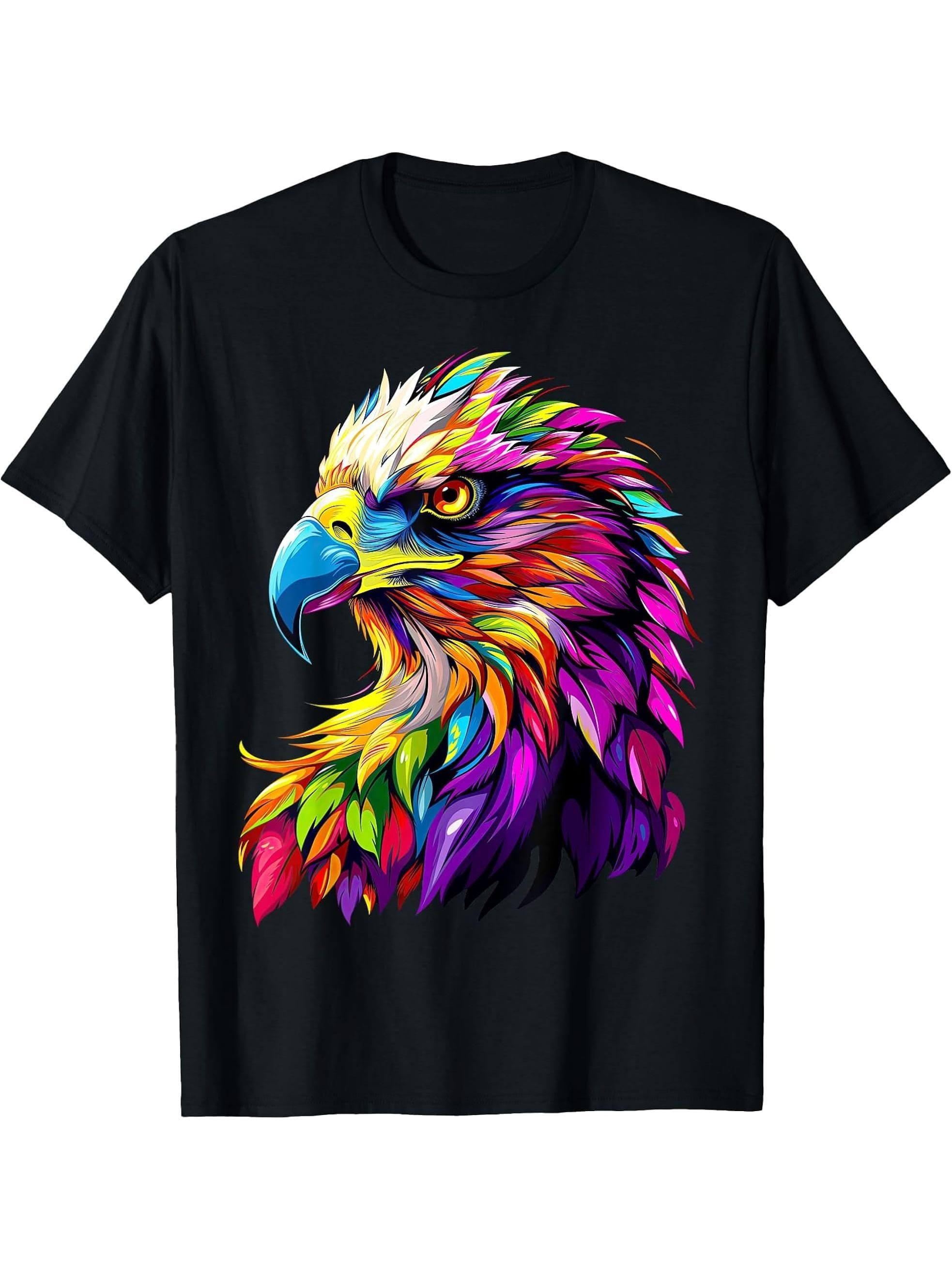 Eagle Pop Art Rainbow Colors Falconer Hunter Bald Eagle T-Shirt 180G 100% Cotton Printed Round Neck Short-Sleeve T-Shirt, Gifts for Men Dad Husband Grandpa, S-XXXL, Black