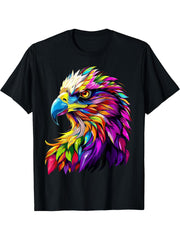 Eagle Pop Art Rainbow Colors Falconer Hunter Bald Eagle T-Shirt 180G 100% Cotton Printed Round Neck Short-Sleeve T-Shirt, Gifts for Men Dad Husband Grandpa, S-XXXL, Black