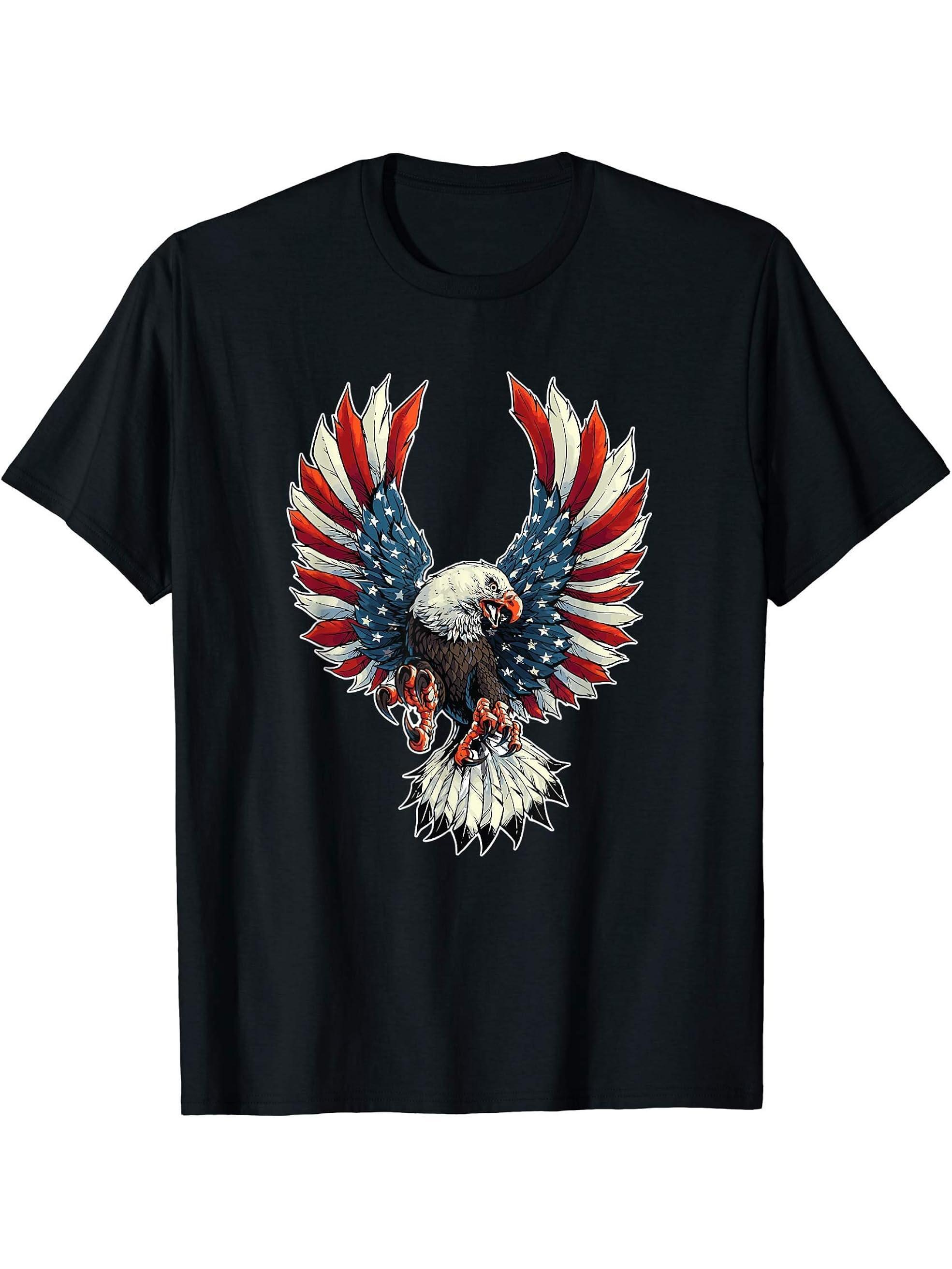 USA Eagle T-shirt - Stars & Stripes Bald Eagle T-Shirt 180G 100% Cotton Printed Round Neck Short-Sleeve T-Shirt, Gifts for Men Dad Husband Grandpa, S-XXXL, Black