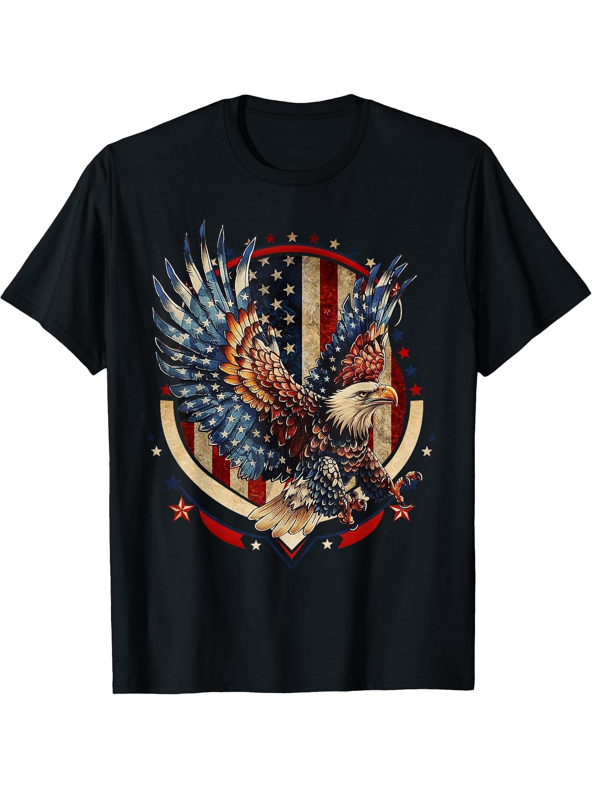 American Bald Eagle USA Flag Patriotic Eagle 4th of July T-Shirt 180G 100% Cotton Printed Round Neck Short-Sleeve T-Shirt, Gifts for Men Dad Husband Grandpa, S-XXXL, Black