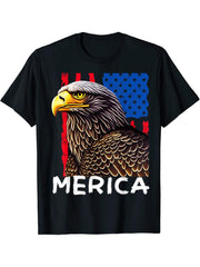 American Bald Eagle USA Flag Patriotic Merica Veterans Day T-Shirt 180G 100% Cotton Printed Round Neck Short-Sleeve T-Shirt, Gifts for Men Dad Husband Grandpa, S-XXXL, Black