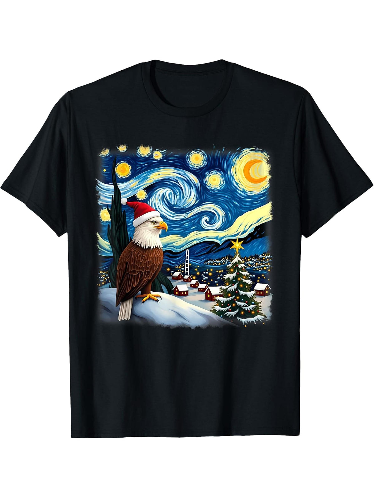 Christmas Bald Eagle Starry Night T-Shirt 180G 100% Cotton Printed Round Neck Short-Sleeve T-Shirt, Gifts for Men Dad Husband Grandpa, S-XXXL, Black