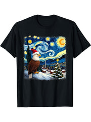 Christmas Bald Eagle Starry Night T-Shirt 180G 100% Cotton Printed Round Neck Short-Sleeve T-Shirt, Gifts for Men Dad Husband Grandpa, S-XXXL, Black