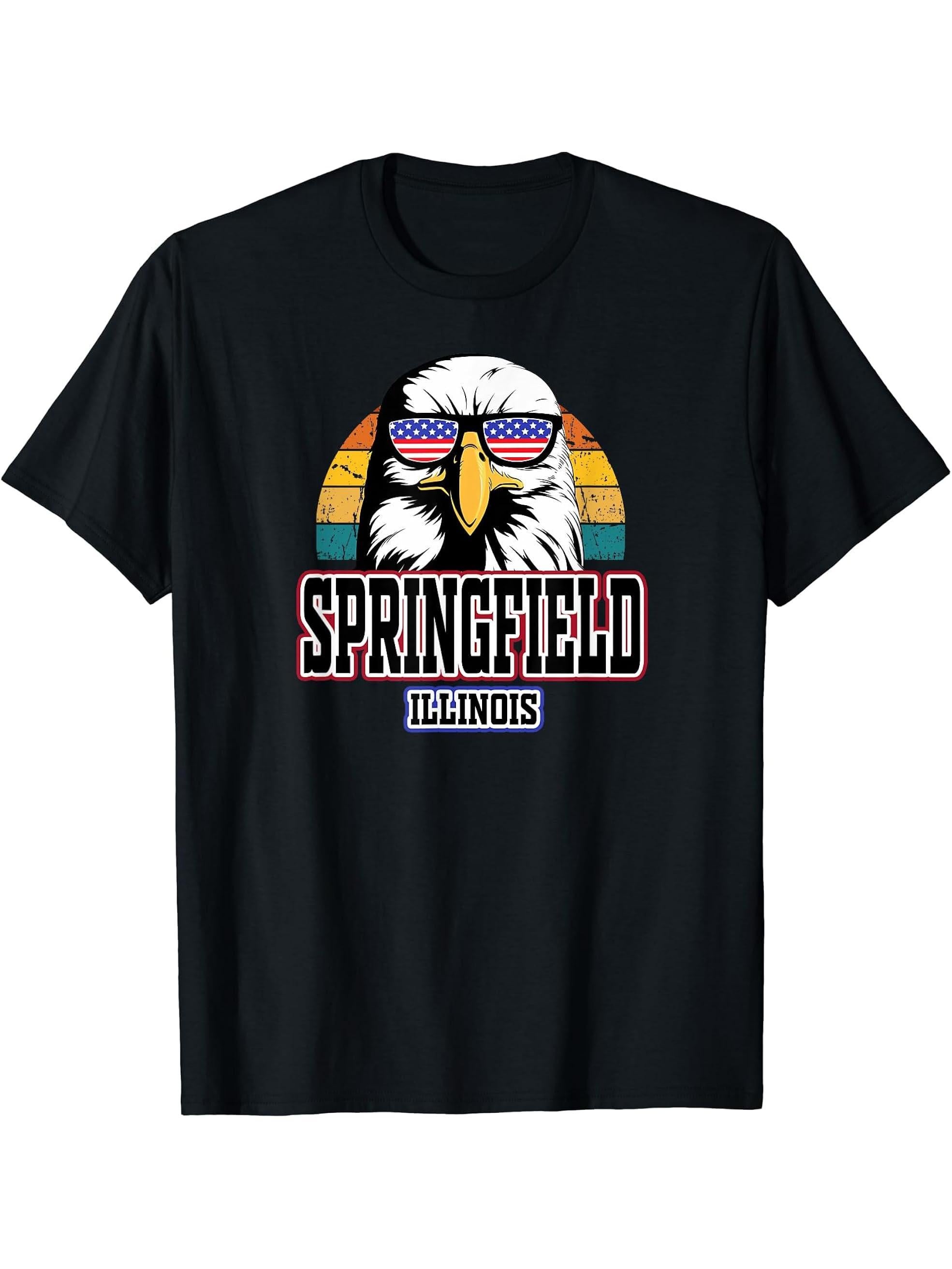 Springfield Illinois USA Flag Men Women American Bald Eagle T-Shirt 180G 100% Cotton Printed Round Neck Short-Sleeve T-Shirt, Gifts for Men Dad Husband Grandpa, S-XXXL, Black