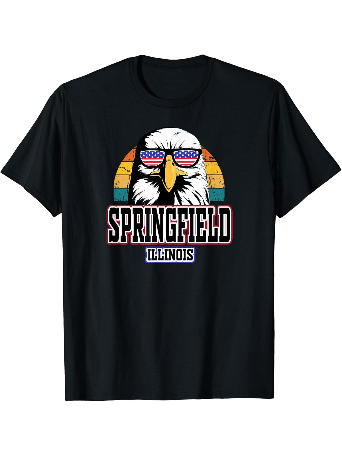 Springfield Illinois USA Flag Men Women American Bald Eagle T-Shirt 180G 100% Cotton Printed Round Neck Short-Sleeve T-Shirt, Gifts for Men Dad Husband Grandpa, S-XXXL, Black