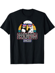 Springfield Illinois USA Flag Men Women American Bald Eagle T-Shirt 180G 100% Cotton Printed Round Neck Short-Sleeve T-Shirt, Gifts for Men Dad Husband Grandpa, S-XXXL, Black