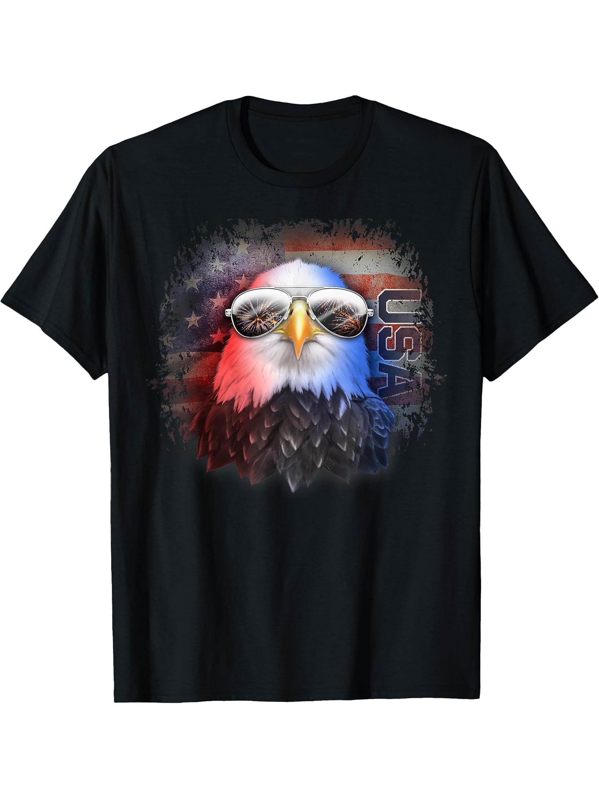 American Flag Grungy Bald Eagle Aviator With Sunglasses T-Shirt 180G 100% Cotton Printed Round Neck Short-Sleeve T-Shirt, Gifts for Men Dad Husband Grandpa, S-XXXL, Black