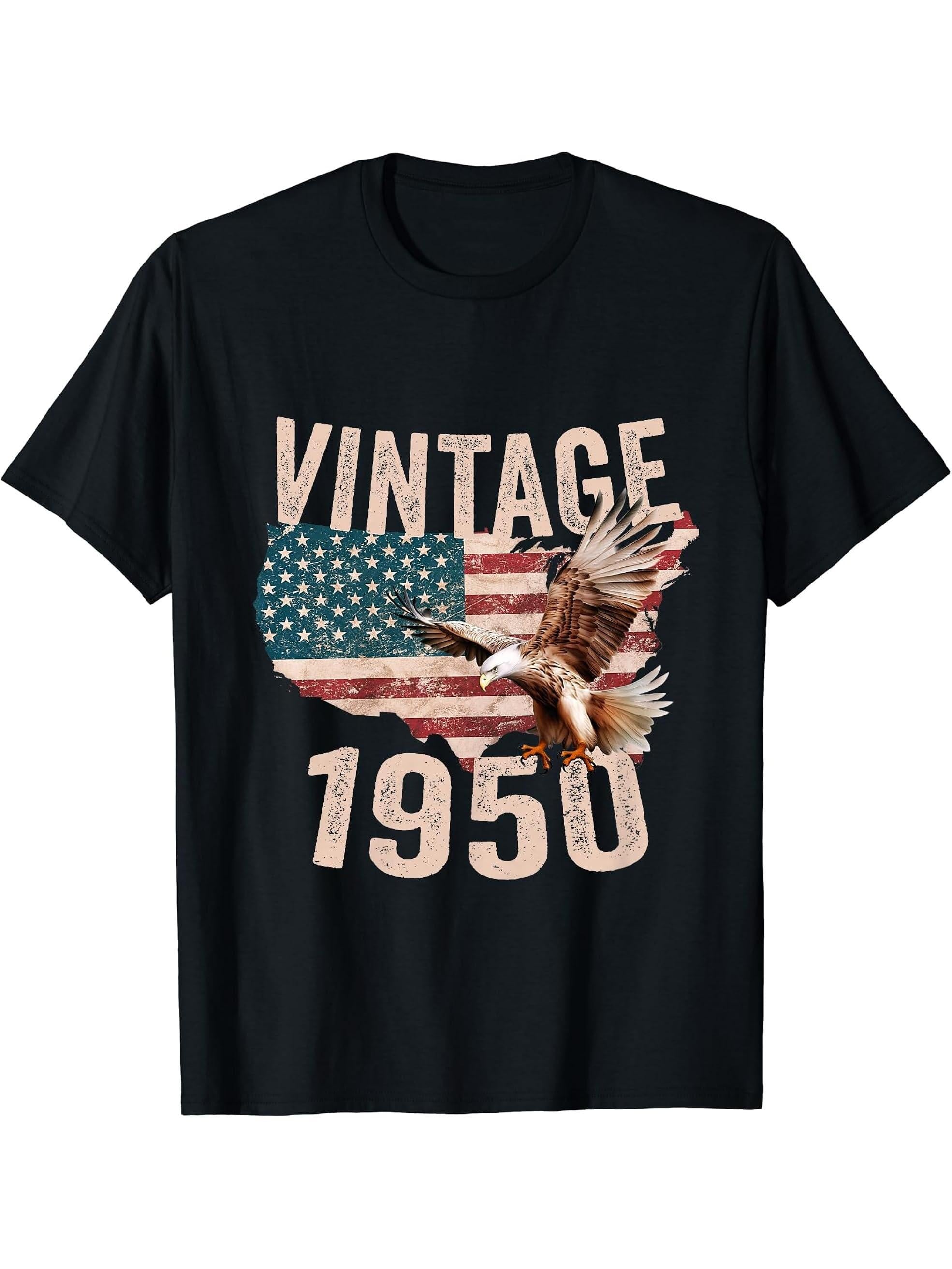 Vintage 1950 Bald Eagle American Flag Country T-Shirt 180G 100% Cotton Printed Round Neck Short-Sleeve T-Shirt, Gifts for Men Dad Husband Grandpa, S-XXXL, Black