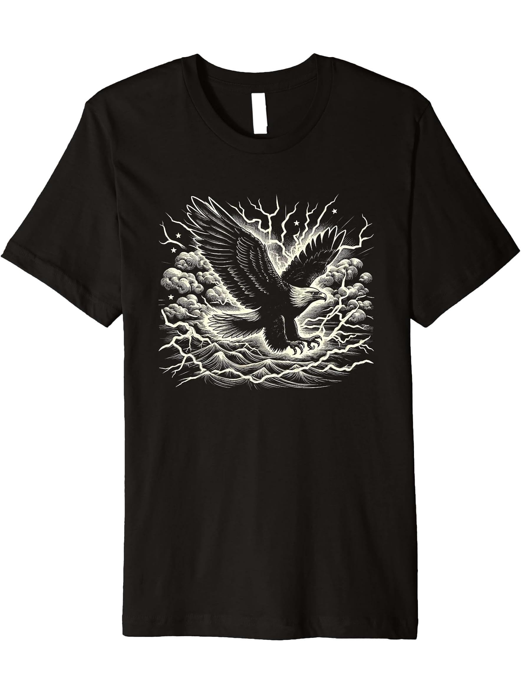 Flying Bald Eagle Scene Graphic Artwork Design Premium T-Shirt 180G 100% Cotton Printed Round Neck Short-Sleeve T-Shirt, Gifts for Men Dad Husband Grandpa, S-XXXL, Black