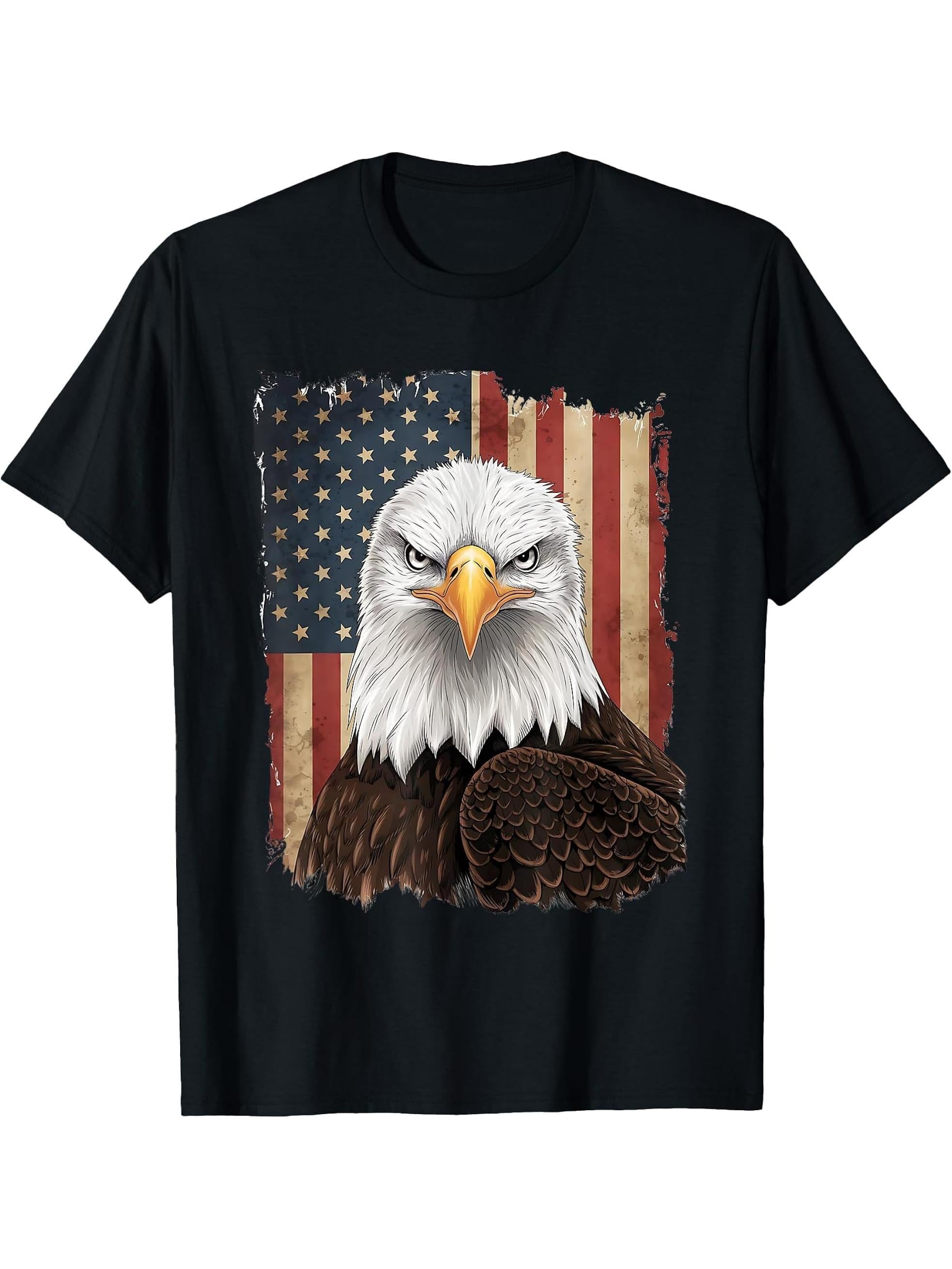 Majestic Bald Eagle American Flag Patriotic Red White Blue T-Shirt 180G 100% Cotton Printed Round Neck Short-Sleeve T-Shirt, Gifts for Men Dad Husband Grandpa, S-XXXL, Black