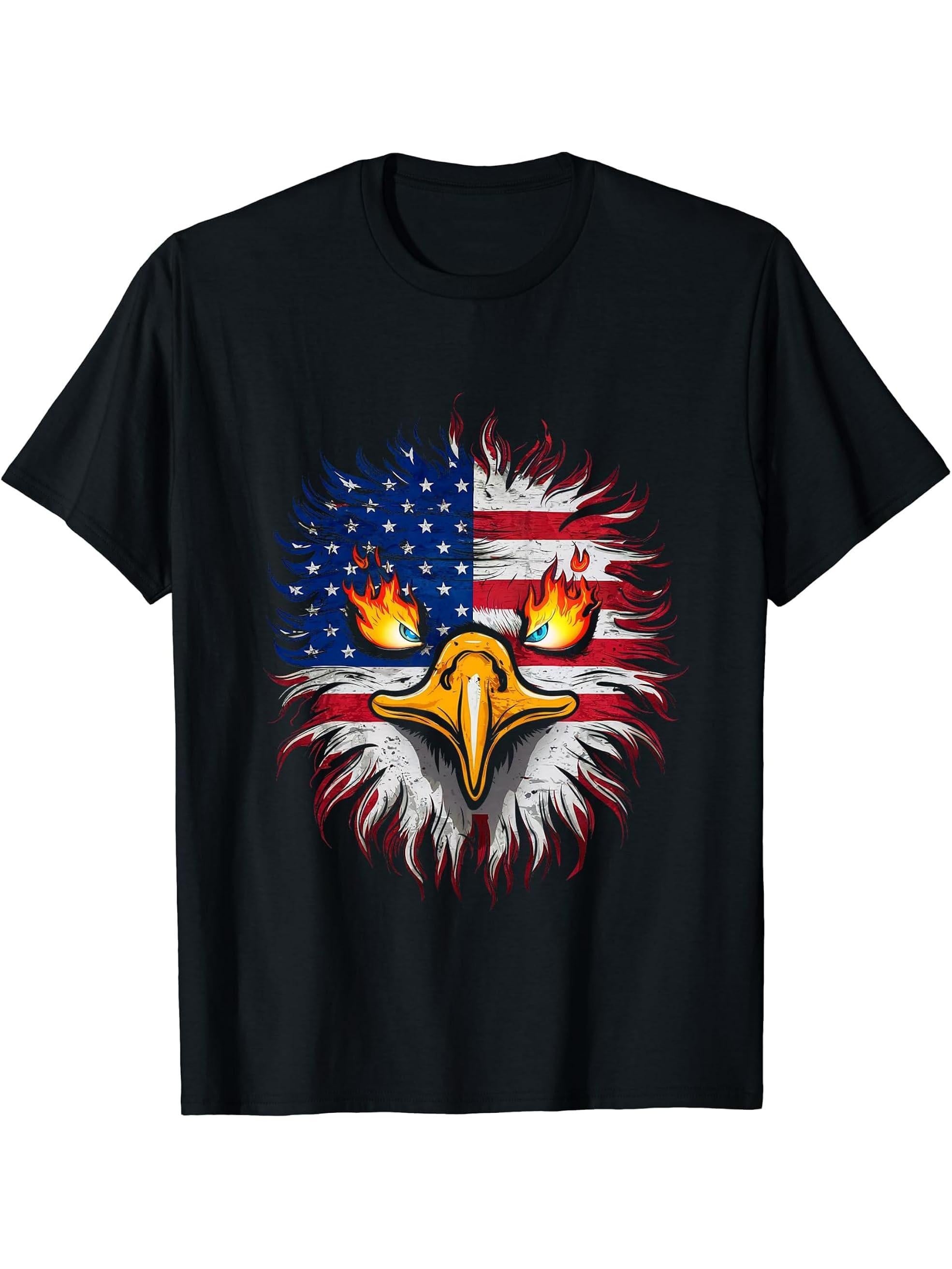 American Bald Eagle USA Flag Shirt 4th of July Eagle USA T-Shirt 180G 100% Cotton Printed Round Neck Short-Sleeve T-Shirt, Gifts for Men Dad Husband Grandpa, S-XXXL, Black