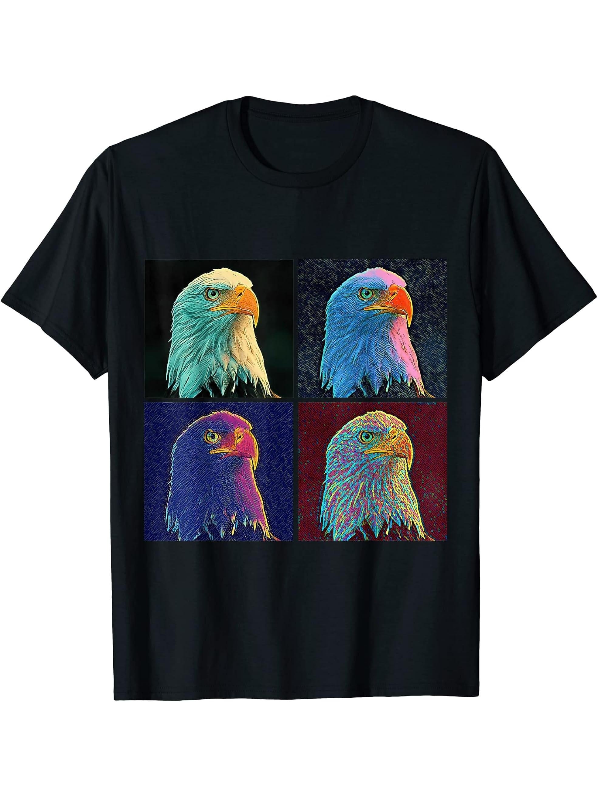 Four variant images of a bald eagle T-Shirt 180G 100% Cotton Printed Round Neck Short-Sleeve T-Shirt, Gifts for Men Dad Husband Grandpa, S-XXXL, Black