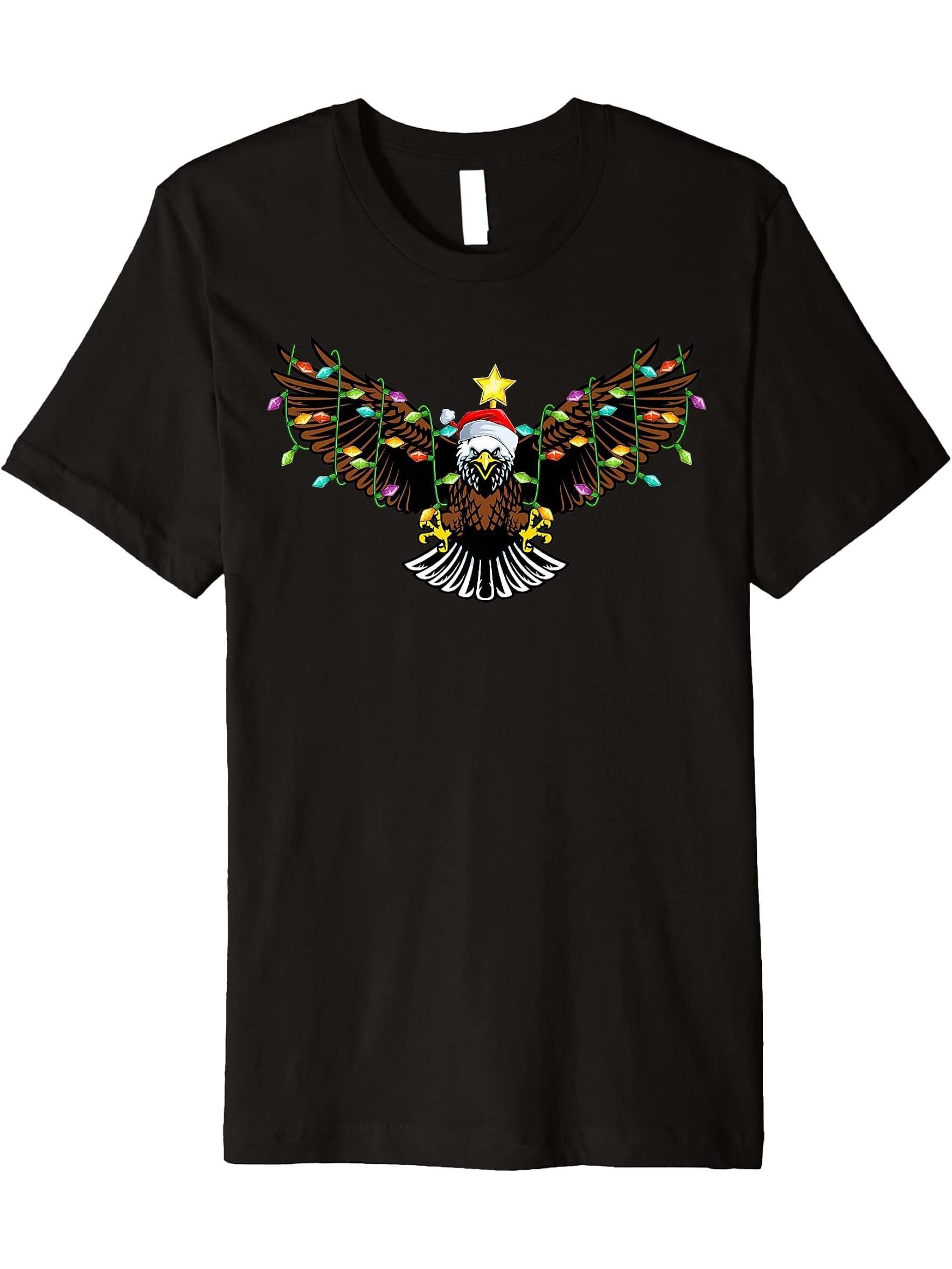 Bald Eagle Lighting Xmas Tree Matching Bald Eagle Christmas Premium T-Shirt 180G 100% Cotton Printed Round Neck Short-Sleeve T-Shirt, Gifts for Men Dad Husband Grandpa, S-XXXL, Black