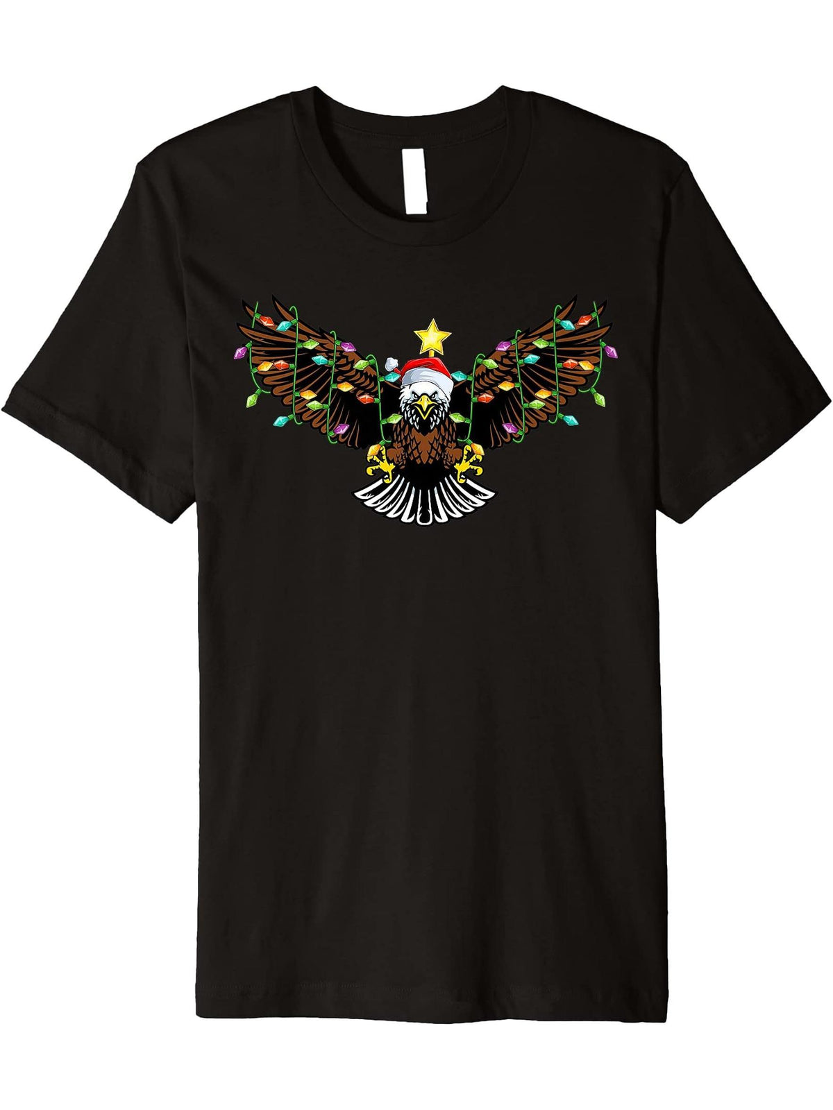 Bald Eagle Lighting Xmas Tree Matching Bald Eagle Christmas Premium T-Shirt 180G 100% Cotton Printed Round Neck Short-Sleeve T-Shirt, Gifts for Men Dad Husband Grandpa, S-XXXL, Black