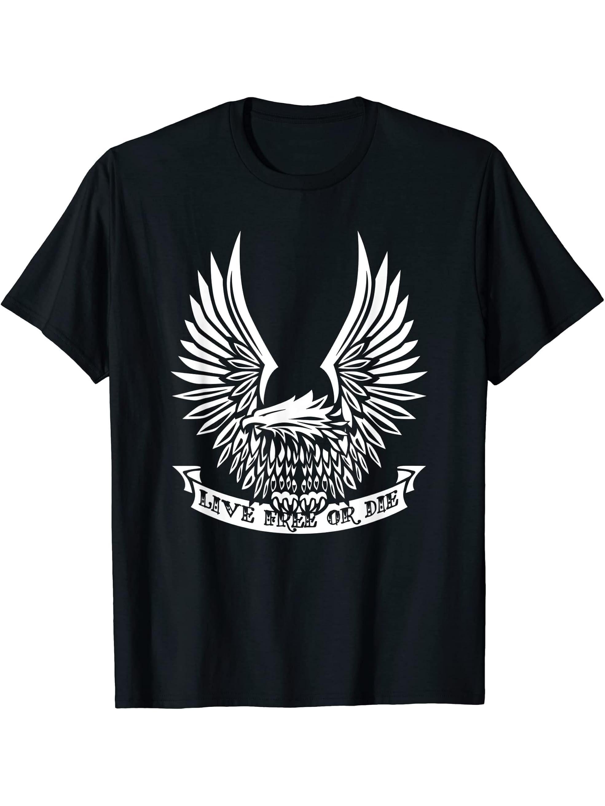 Patriotic Live Free or Die USA Bald Eagle Design T-Shirt 180G 100% Cotton Printed Round Neck Short-Sleeve T-Shirt, Gifts for Men Dad Husband Grandpa, S-XXXL, Black
