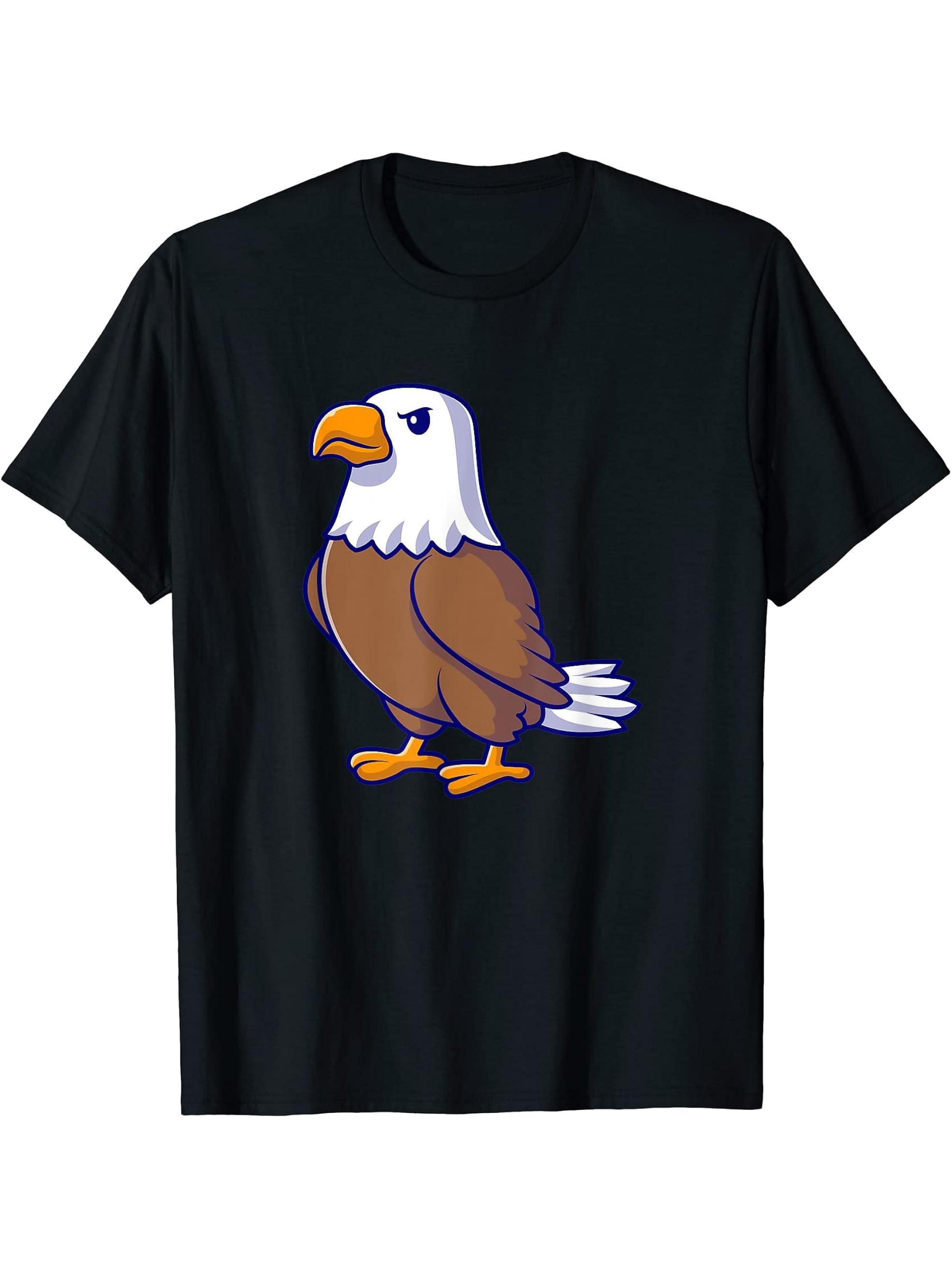Cute American Bald Eagle Funny Hawk Bird Cartoon T-Shirt 180G 100% Cotton Printed Round Neck Short-Sleeve T-Shirt, Gifts for Men Dad Husband Grandpa, S-XXXL, Black