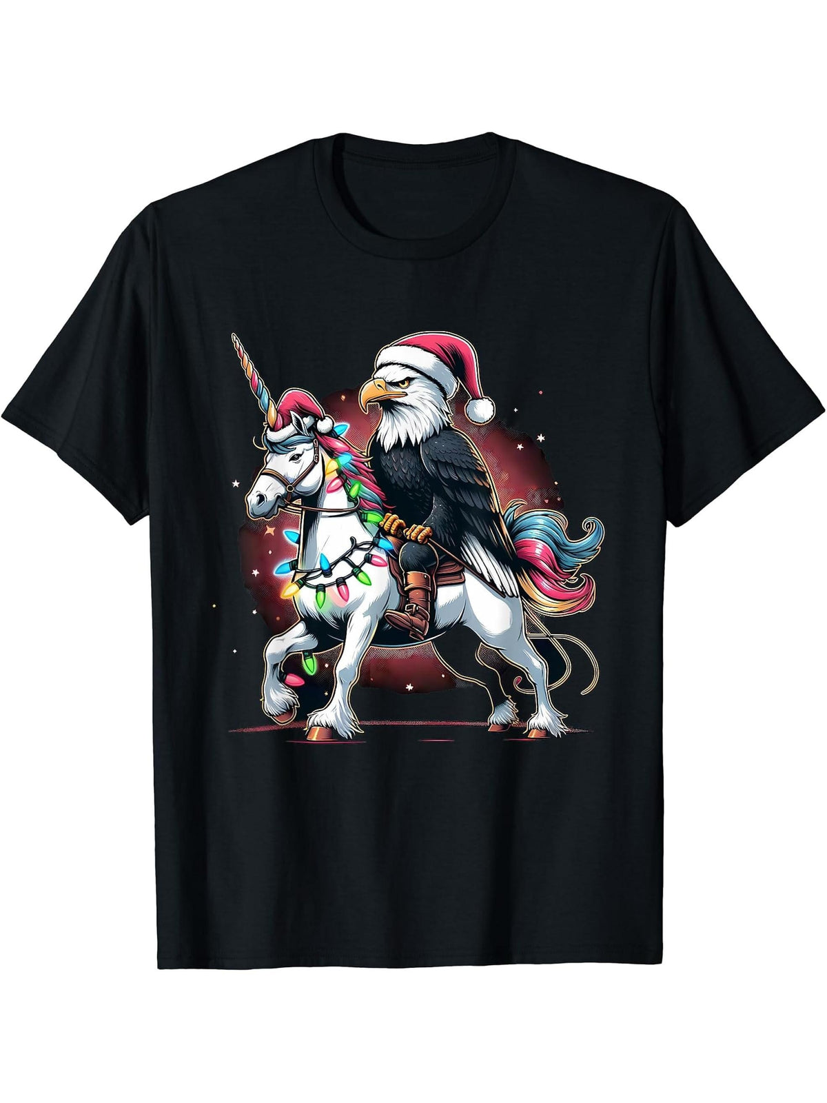 Christmas Lights Bald Eagle Riding Unicorn T-Shirt 180G 100% Cotton Printed Round Neck Short-Sleeve T-Shirt, Gifts for Men Dad Husband Grandpa, S-XXXL, Black