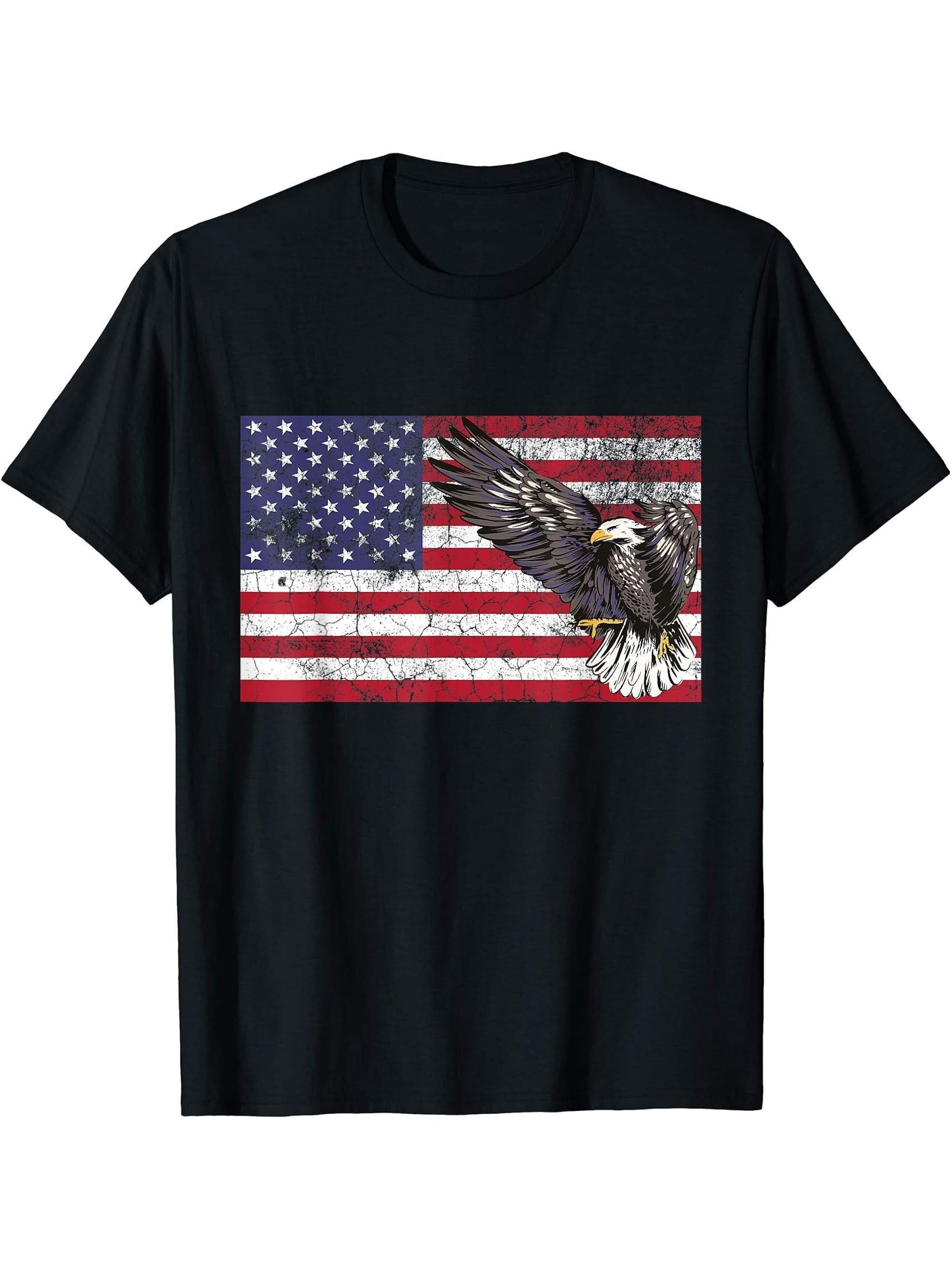 Patriotic Gift Vintage American Flag Bald Eagle T-Shirt 180G 100% Cotton Printed Round Neck Short-Sleeve T-Shirt, Gifts for Men Dad Husband Grandpa, S-XXXL, Black