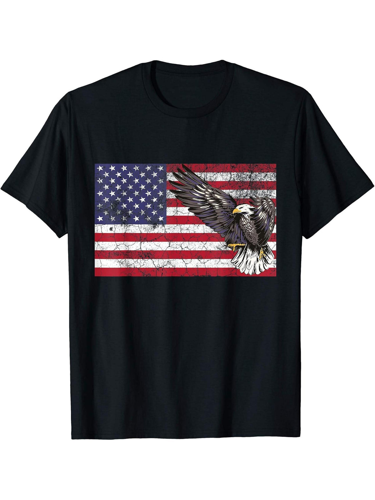 Patriotic Gift Vintage American Flag Bald Eagle T-Shirt 180G 100% Cotton Printed Round Neck Short-Sleeve T-Shirt, Gifts for Men Dad Husband Grandpa, S-XXXL, Black