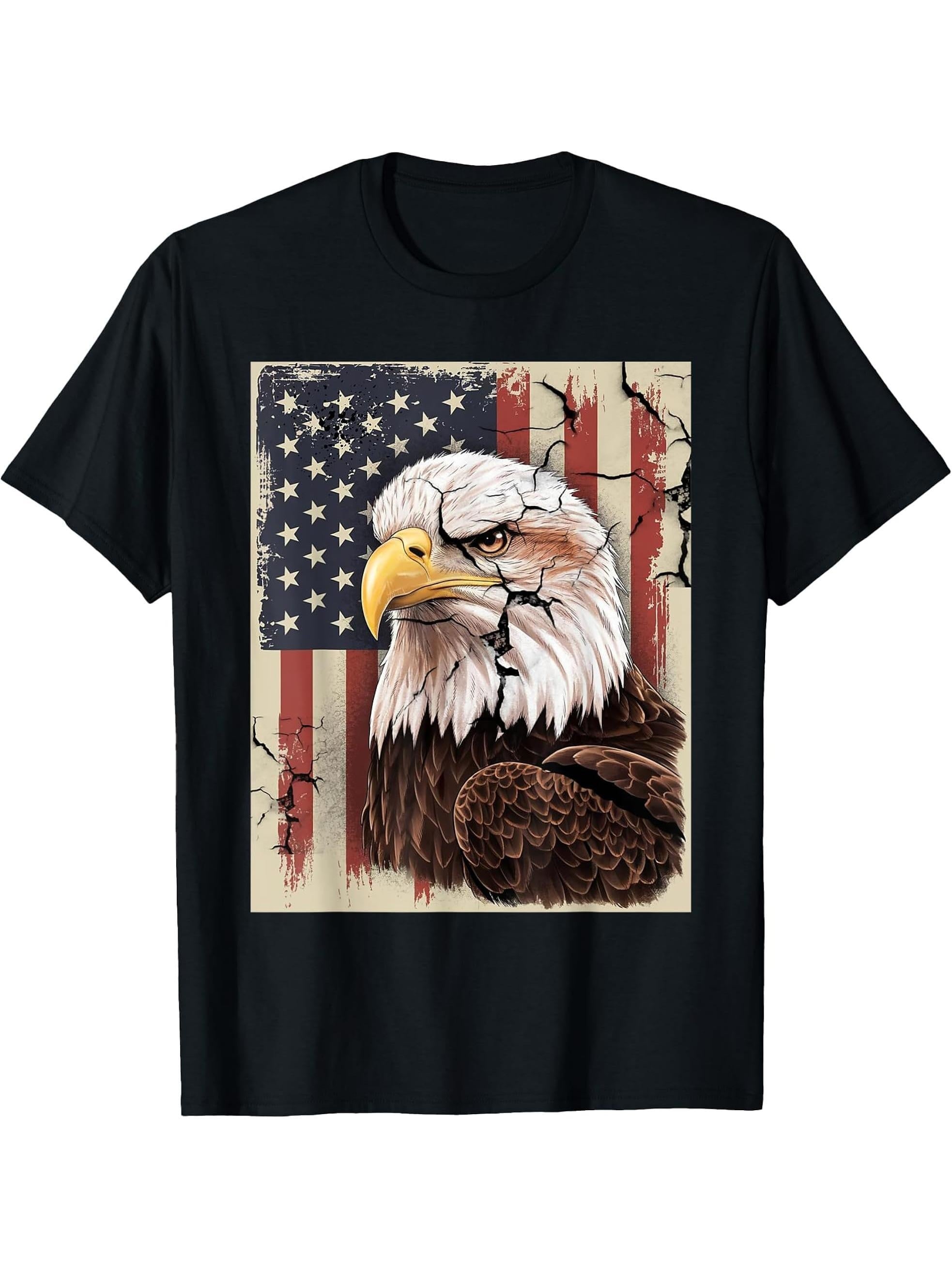 Majestic Bald Eagle American Flag Patriotic Red White Blue T-Shirt 180G 100% Cotton Printed Round Neck Short-Sleeve T-Shirt, Gifts for Men Dad Husband Grandpa, S-XXXL, Black