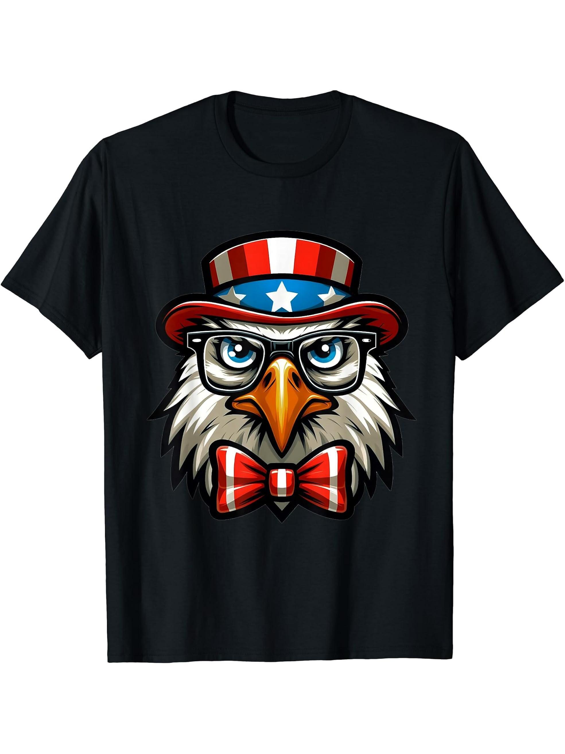 Flag Patriotic 4th of July Bald Eagle T-Shirt 180G 100% Cotton Printed Round Neck Short-Sleeve T-Shirt, Gifts for Men Dad Husband Grandpa, S-XXXL, Black