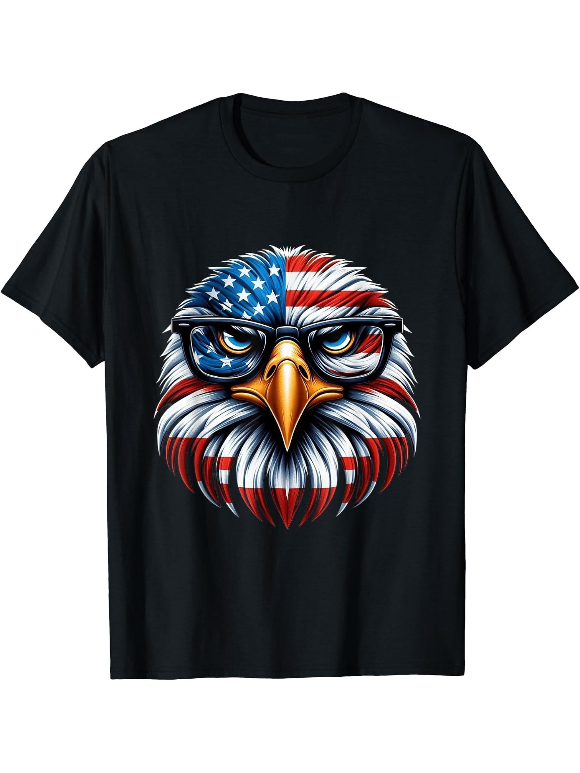 Flag Patriotic 4th of July Bald Eagle T-Shirt 180G 100% Cotton Printed Round Neck Short-Sleeve T-Shirt, Gifts for Men Dad Husband Grandpa, S-XXXL, Black
