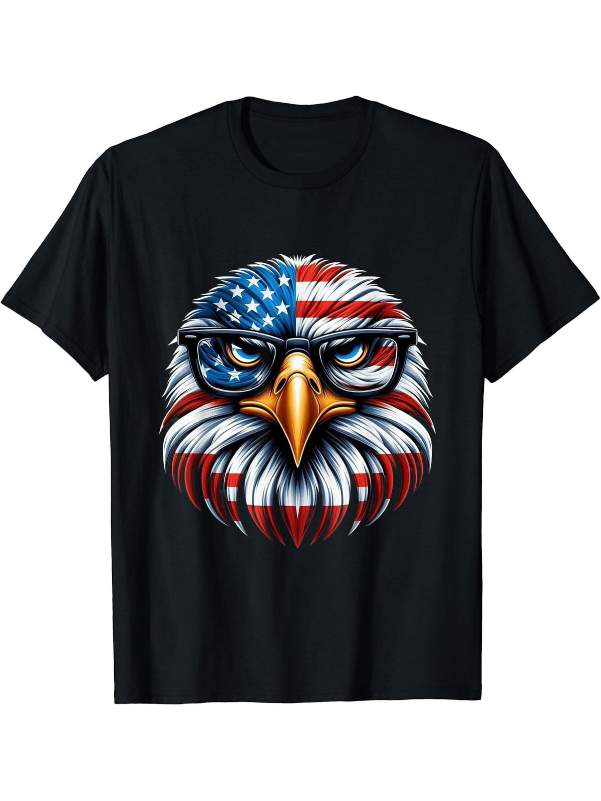 Flag Patriotic 4th of July Bald Eagle T-Shirt 180G 100% Cotton Printed Round Neck Short-Sleeve T-Shirt, Gifts for Men Dad Husband Grandpa, S-XXXL, Black