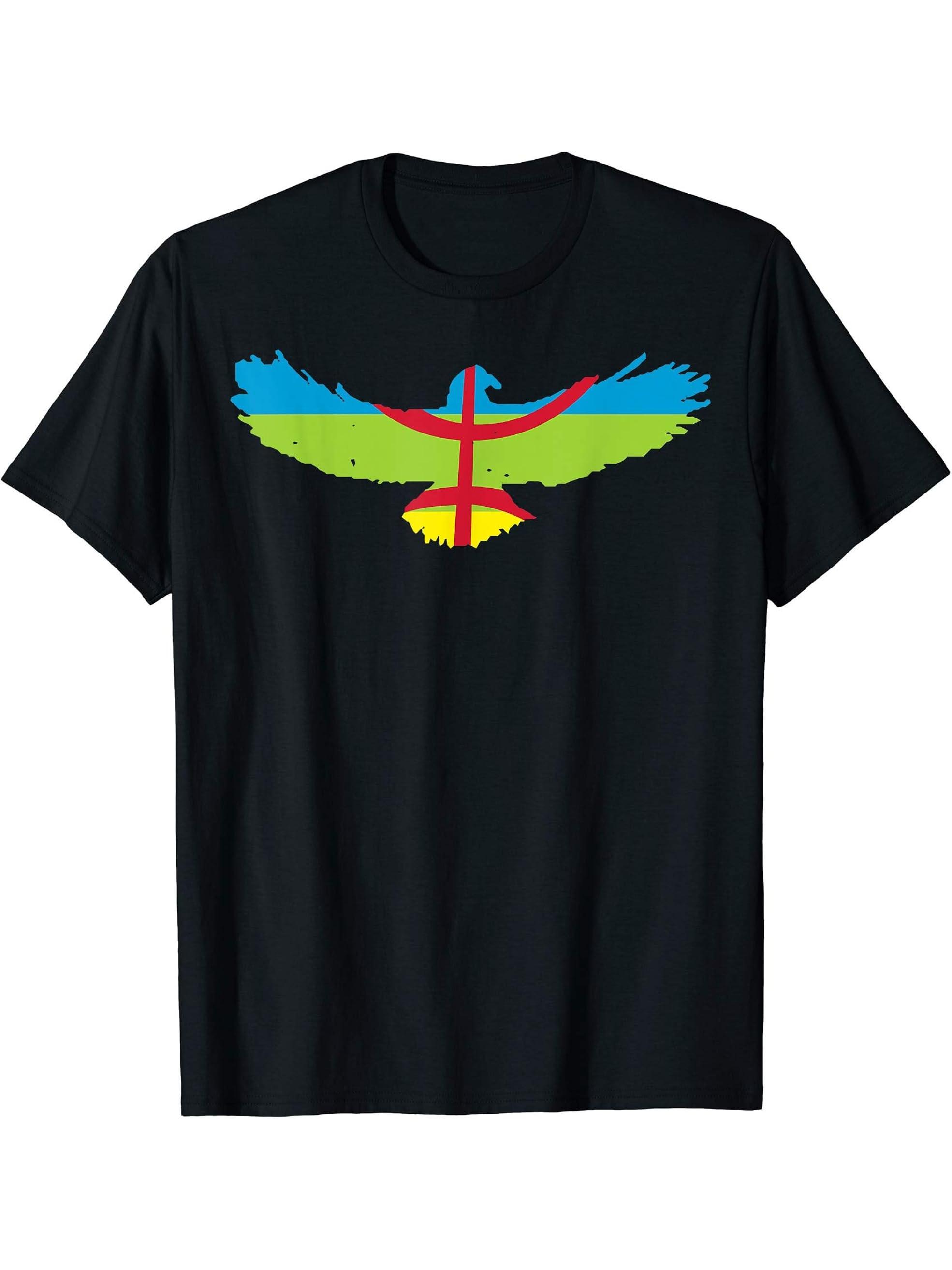 Patriotic Amazigh Flag Bald Eagle T-Shirt 180G 100% Cotton Printed Round Neck Short-Sleeve T-Shirt, Gifts for Men Dad Husband Grandpa, S-XXXL, Black