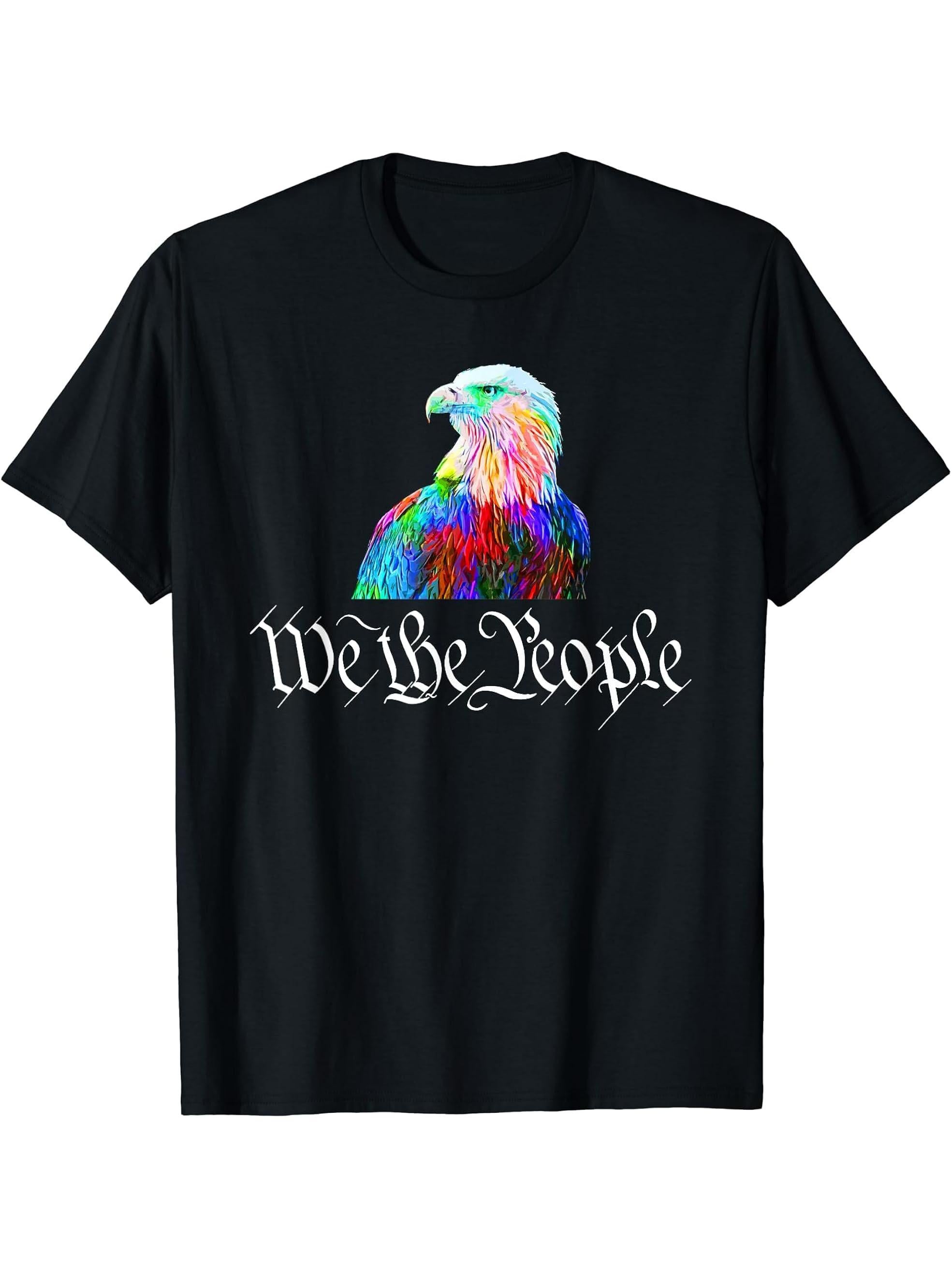We The People Bald Eagle Constitution American T-Shirt 180G 100% Cotton Printed Round Neck Short-Sleeve T-Shirt, Gifts for Men Dad Husband Grandpa, S-XXXL, Black