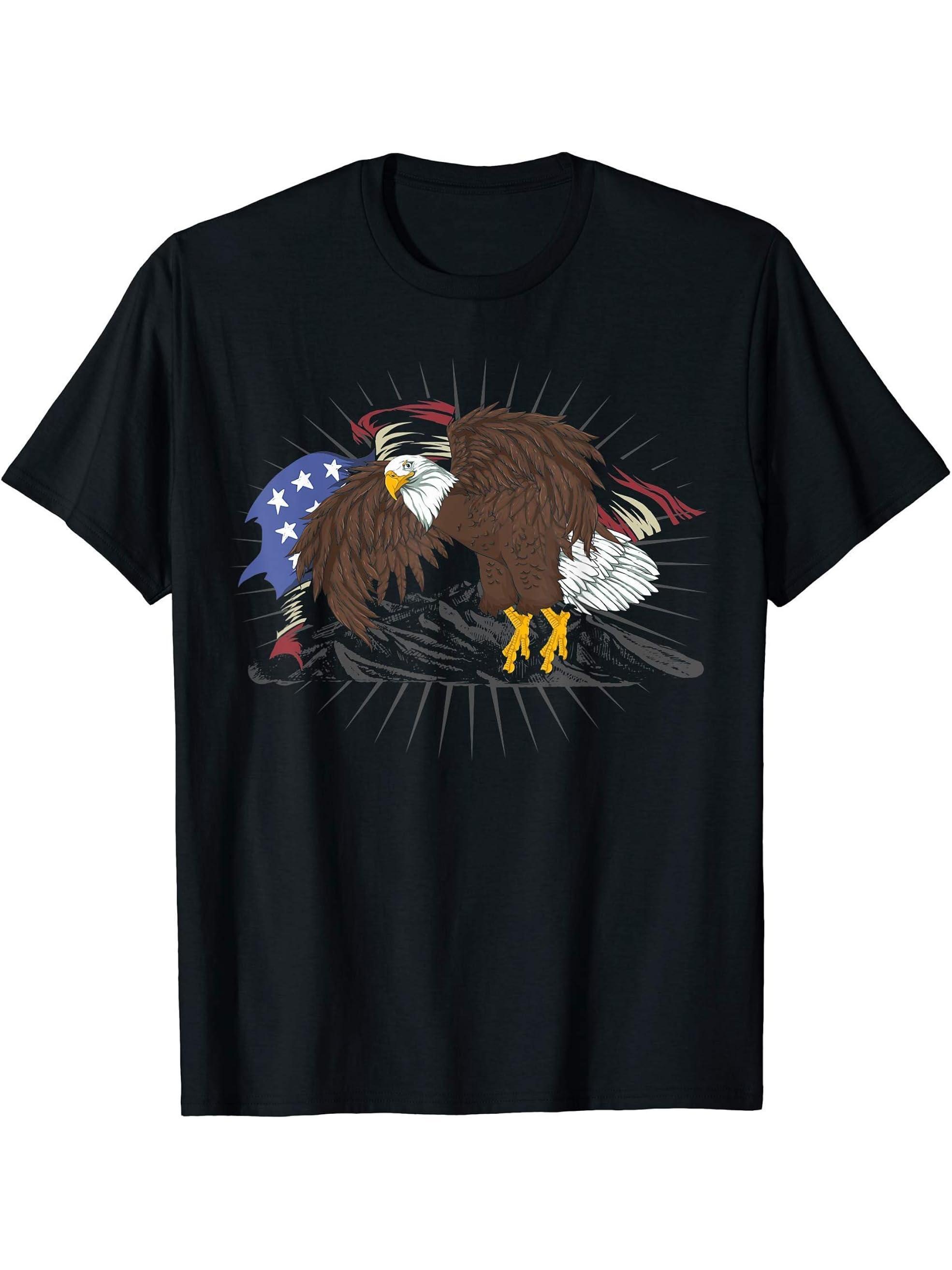 Pride Liberty US Flag Patriotic American Freedom Bald Eagle T-Shirt 180G 100% Cotton Printed Round Neck Short-Sleeve T-Shirt, Gifts for Men Dad Husband Grandpa, S-XXXL, Black