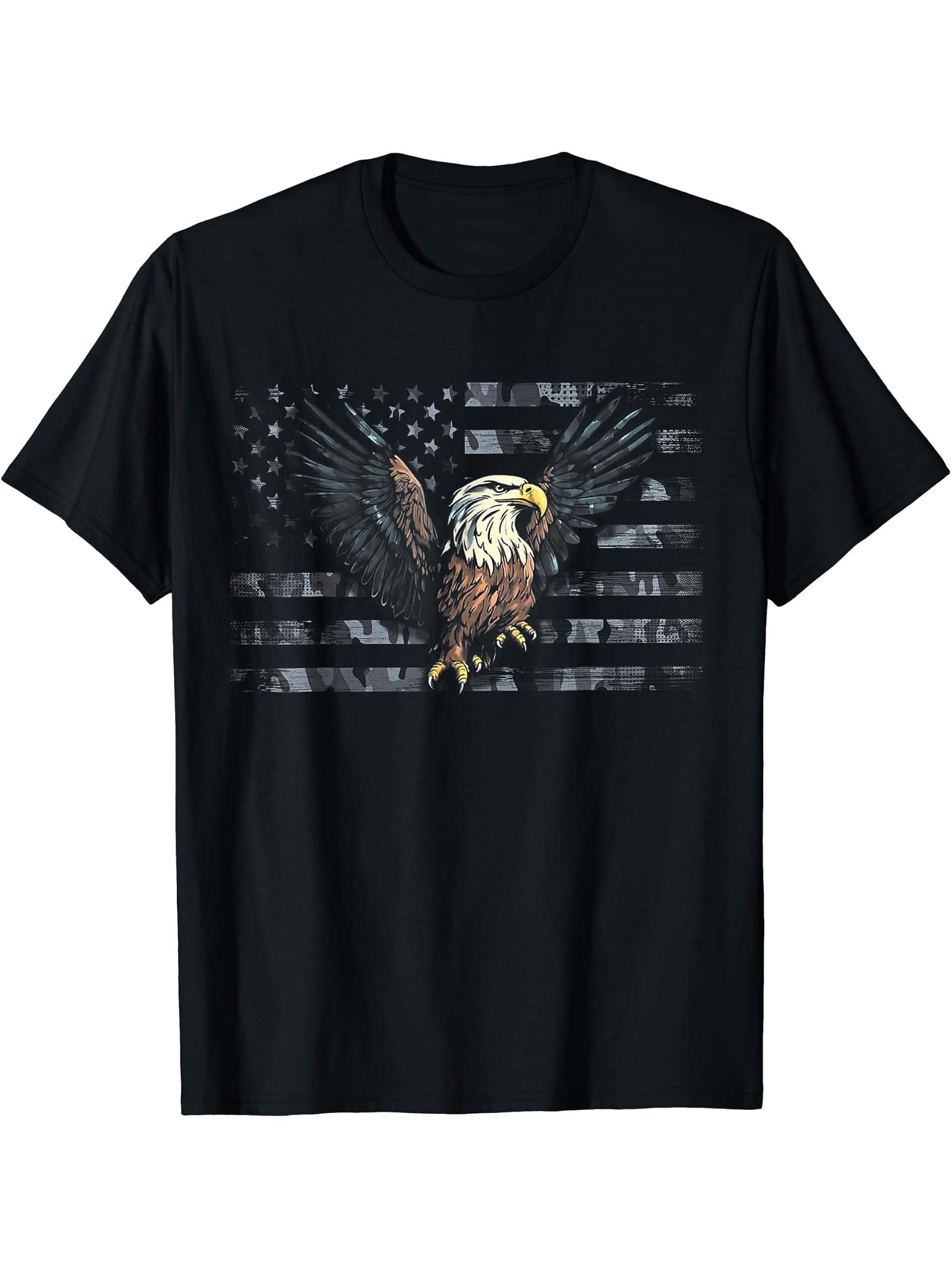 American Flag Patriotic Bald Eagle 4th of July Camouflage T-Shirt 180G 100% Cotton Printed Round Neck Short-Sleeve T-Shirt, Gifts for Men Dad Husband Grandpa, S-XXXL, Black