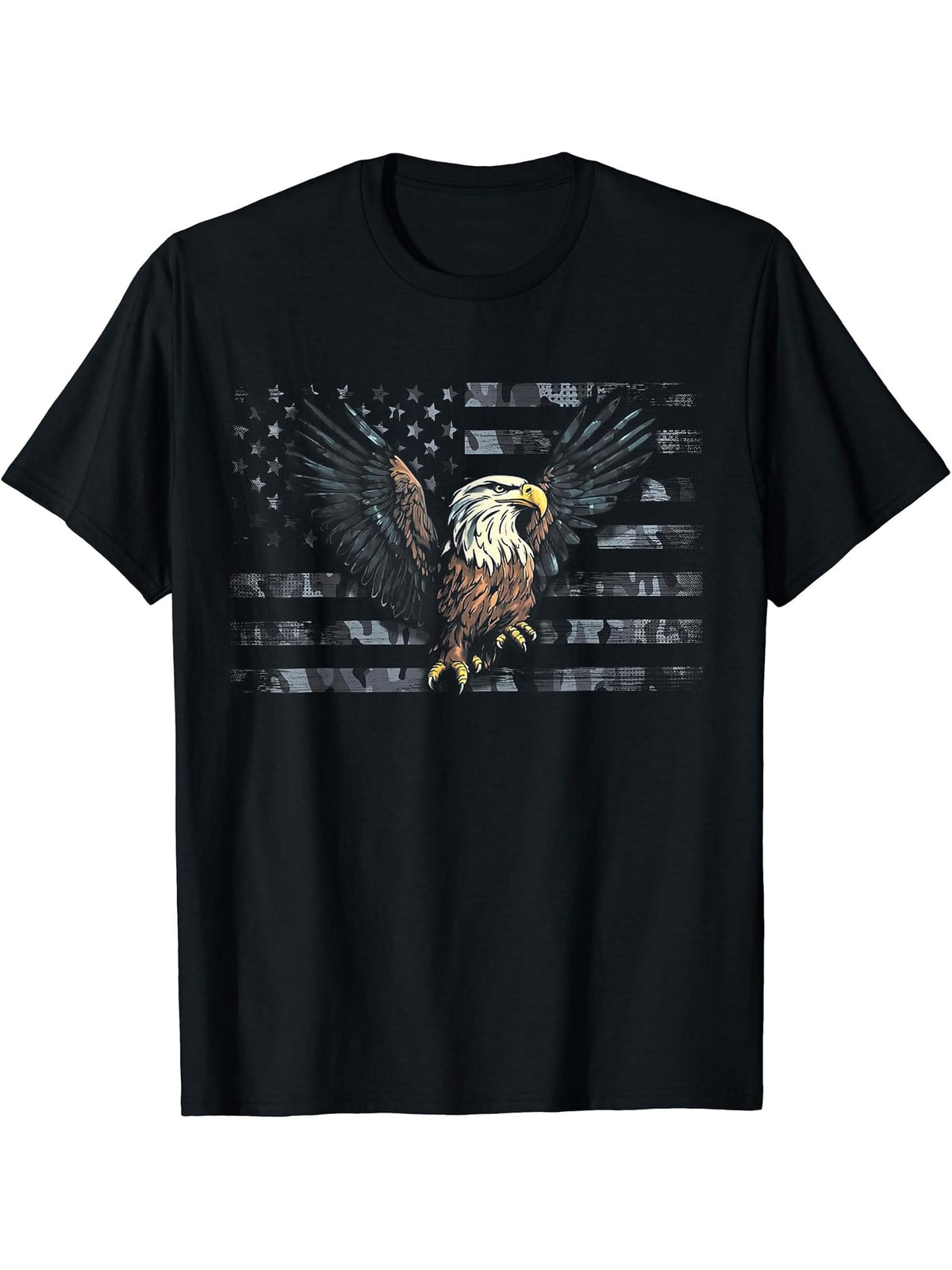 American Flag Patriotic Bald Eagle 4th of July Camouflage T-Shirt 180G 100% Cotton Printed Round Neck Short-Sleeve T-Shirt, Gifts for Men Dad Husband Grandpa, S-XXXL, Black
