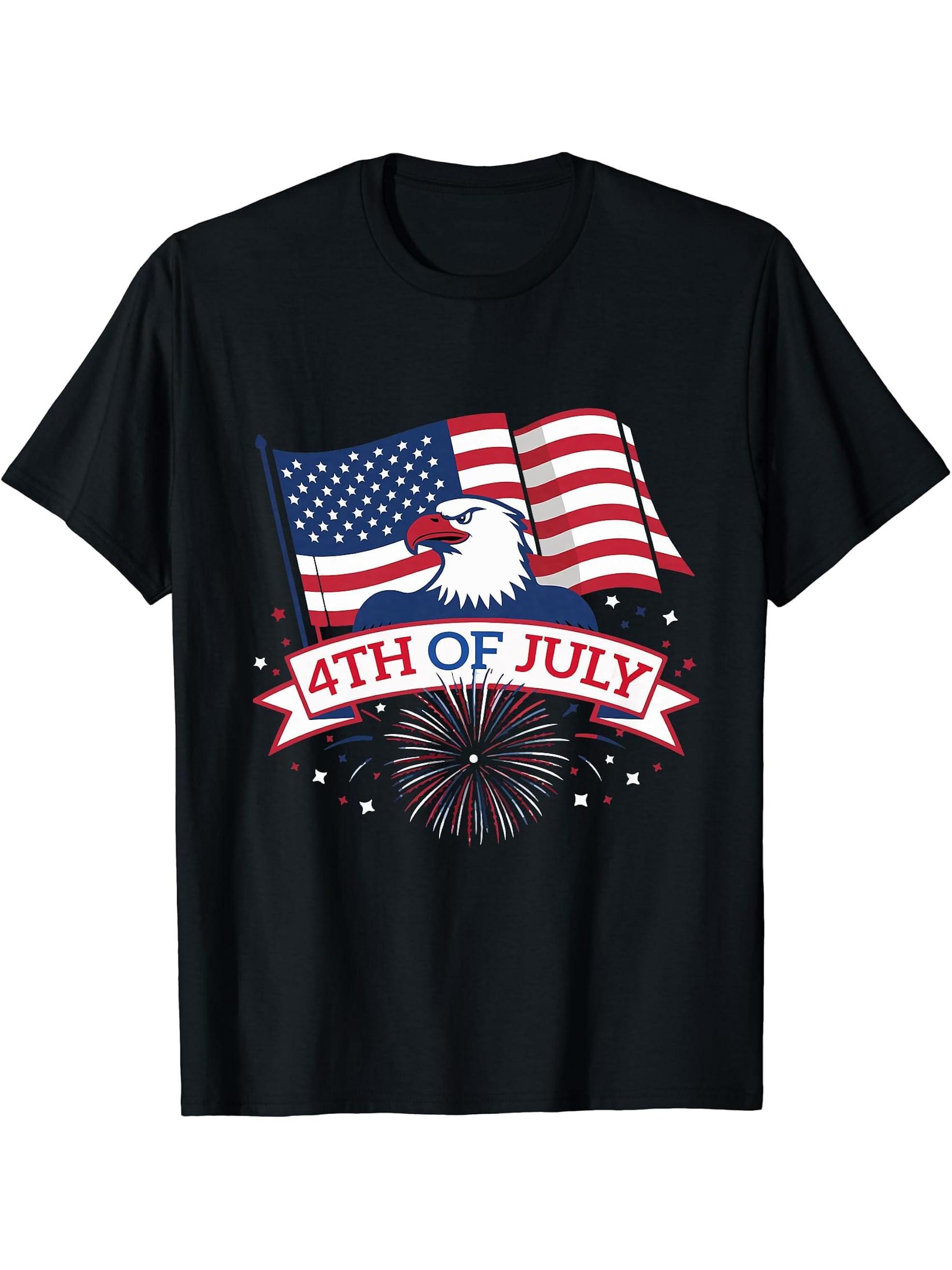 Eagle USA American Flag Patriotic 4th of July Bald Eagle T-Shirt 180G 100% Cotton Printed Round Neck Short-Sleeve T-Shirt, Gifts for Men Dad Husband Grandpa, S-XXXL, Black