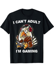 I Can't Adult I'm Gaming Nerd American Bald Eagle Geek T-Shirt 180G 100% Cotton Printed Round Neck Short-Sleeve T-Shirt, Gifts for Men Dad Husband Grandpa, S-XXXL, Black