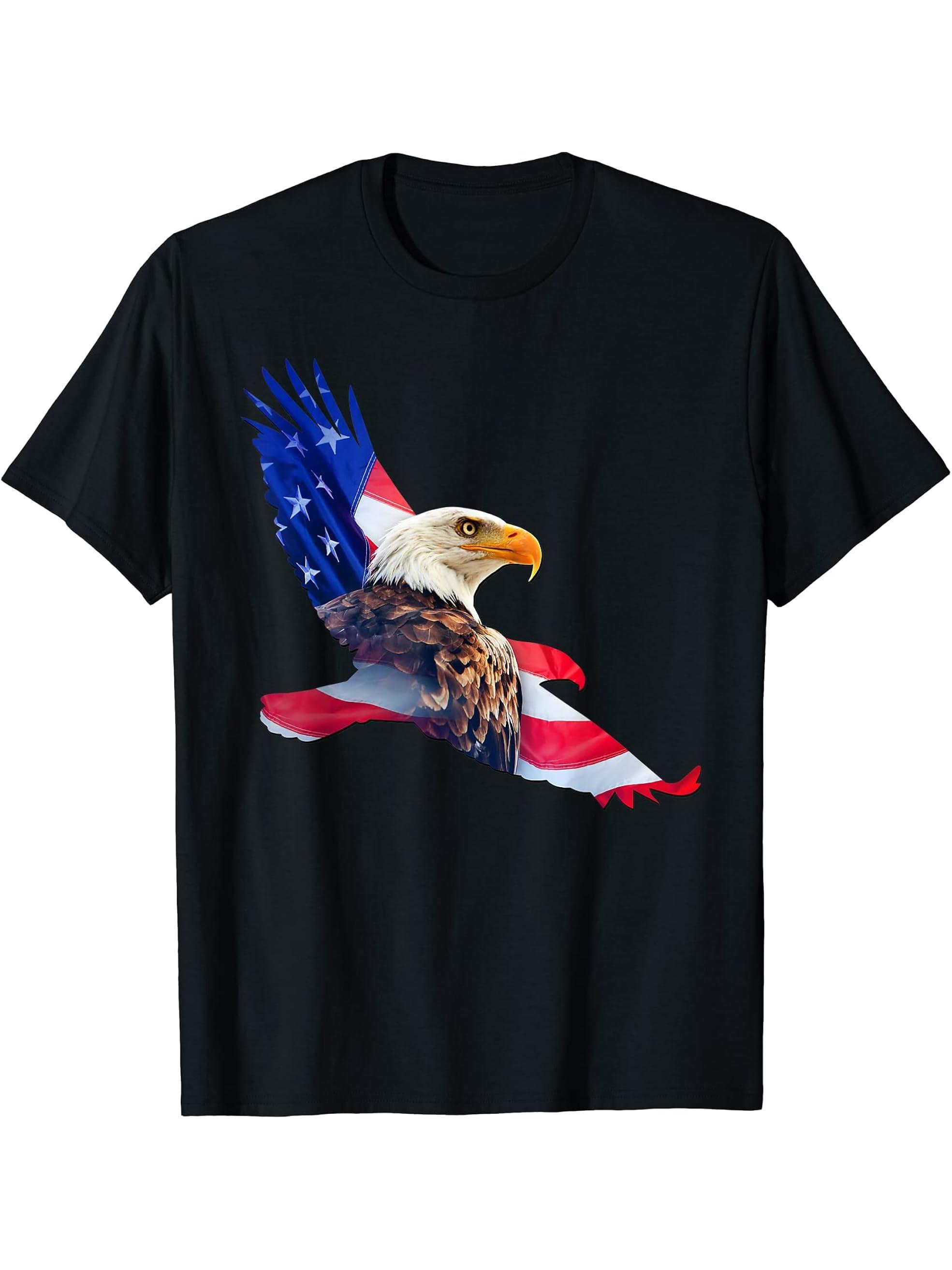 American Bald Eagle and Flag Silhouette T-Shirt 180G 100% Cotton Printed Round Neck Short-Sleeve T-Shirt, Gifts for Men Dad Husband Grandpa, S-XXXL, Black