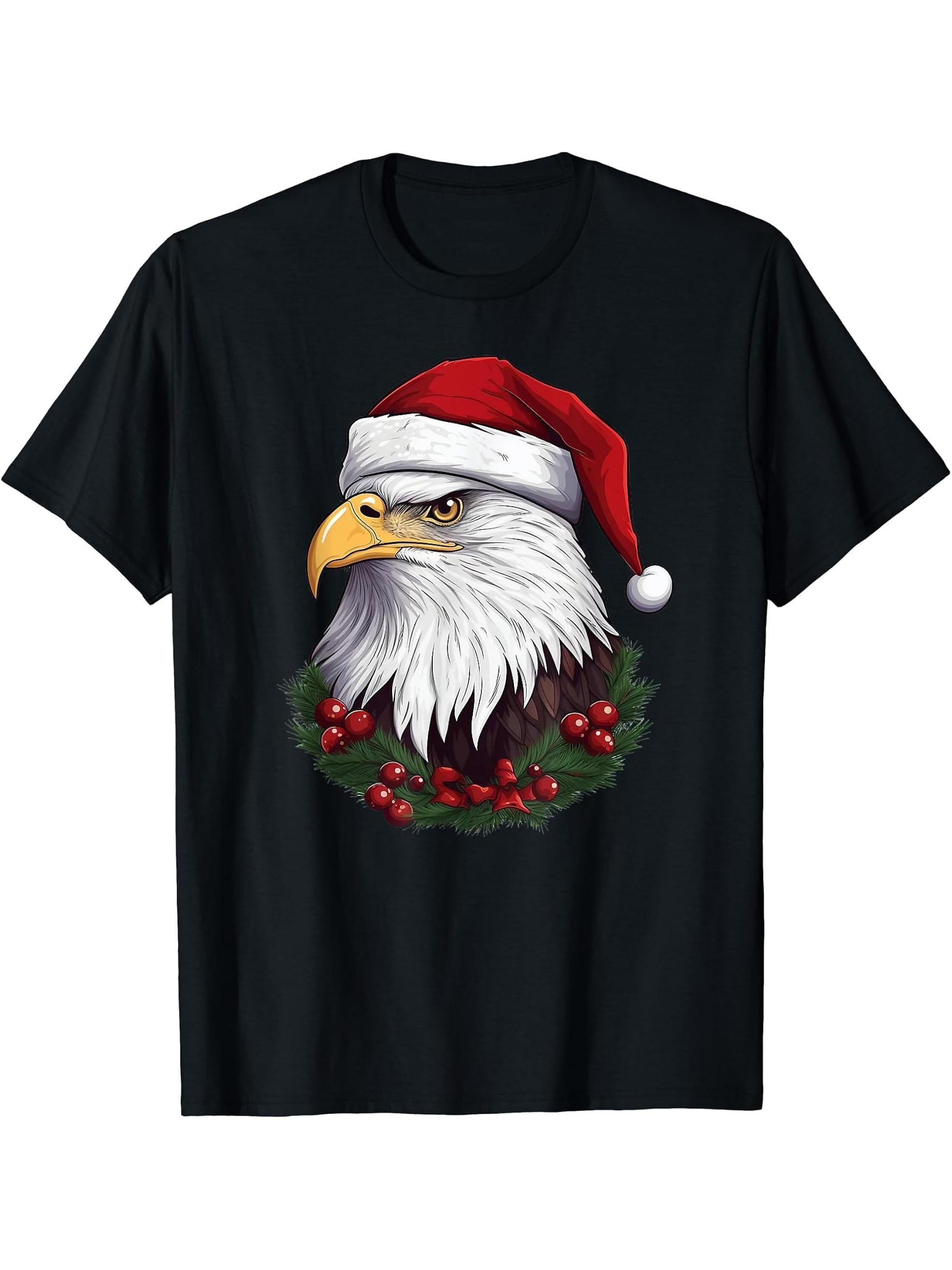 Cute Bald Eagle Wearing Santa Hat Funny Animal Christmas T-Shirt 180G 100% Cotton Printed Round Neck Short-Sleeve T-Shirt, Gifts for Men Dad Husband Grandpa, S-XXXL, Black