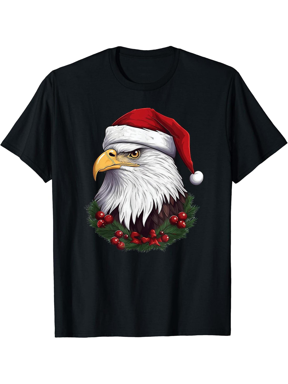 Cute Bald Eagle Wearing Santa Hat Funny Animal Christmas T-Shirt 180G 100% Cotton Printed Round Neck Short-Sleeve T-Shirt, Gifts for Men Dad Husband Grandpa, S-XXXL, Black